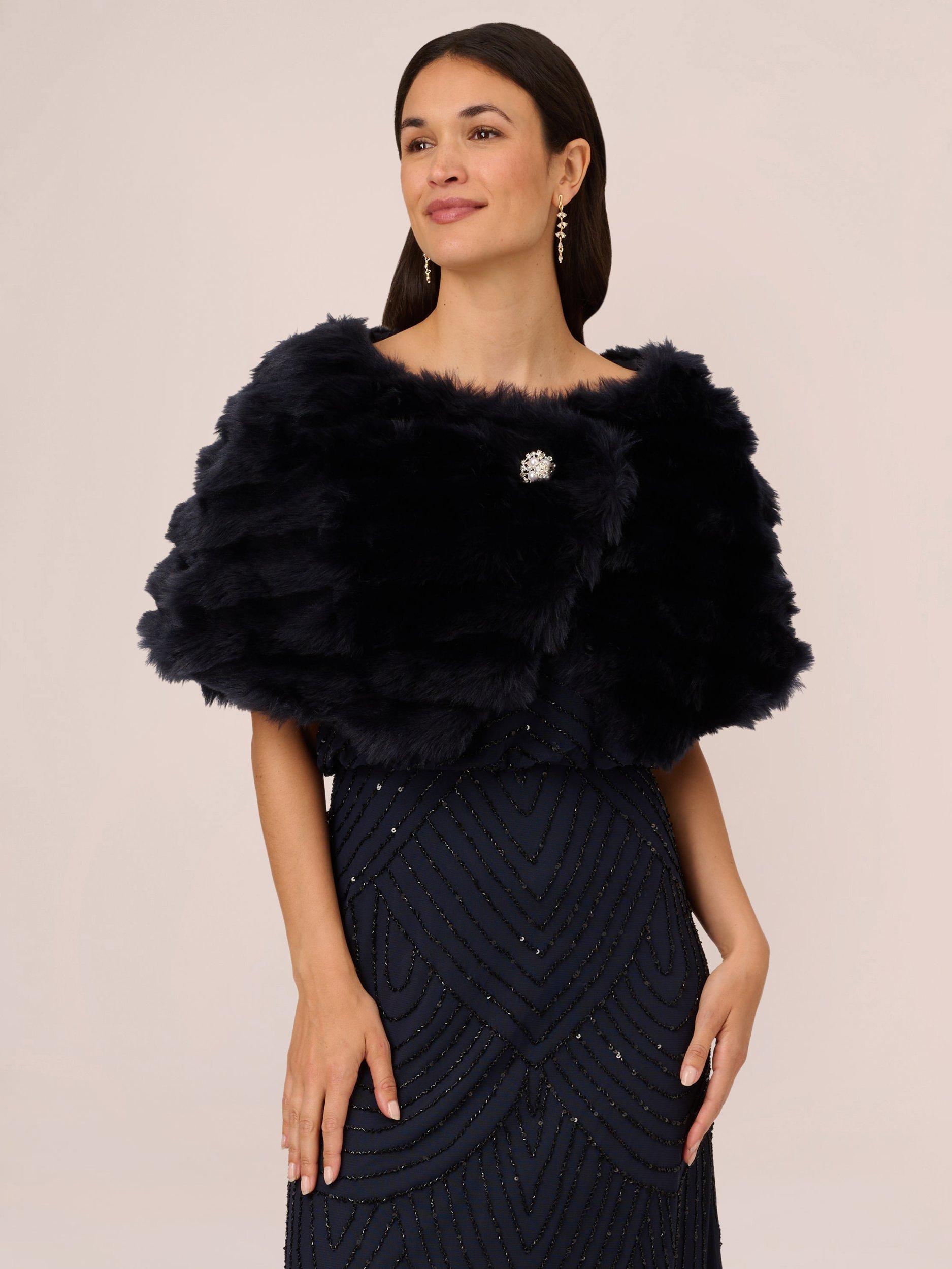 Product image 1 of 7, which shows Adrianna Papell Faux Fur Brooch Cover Up, Midnight, XS