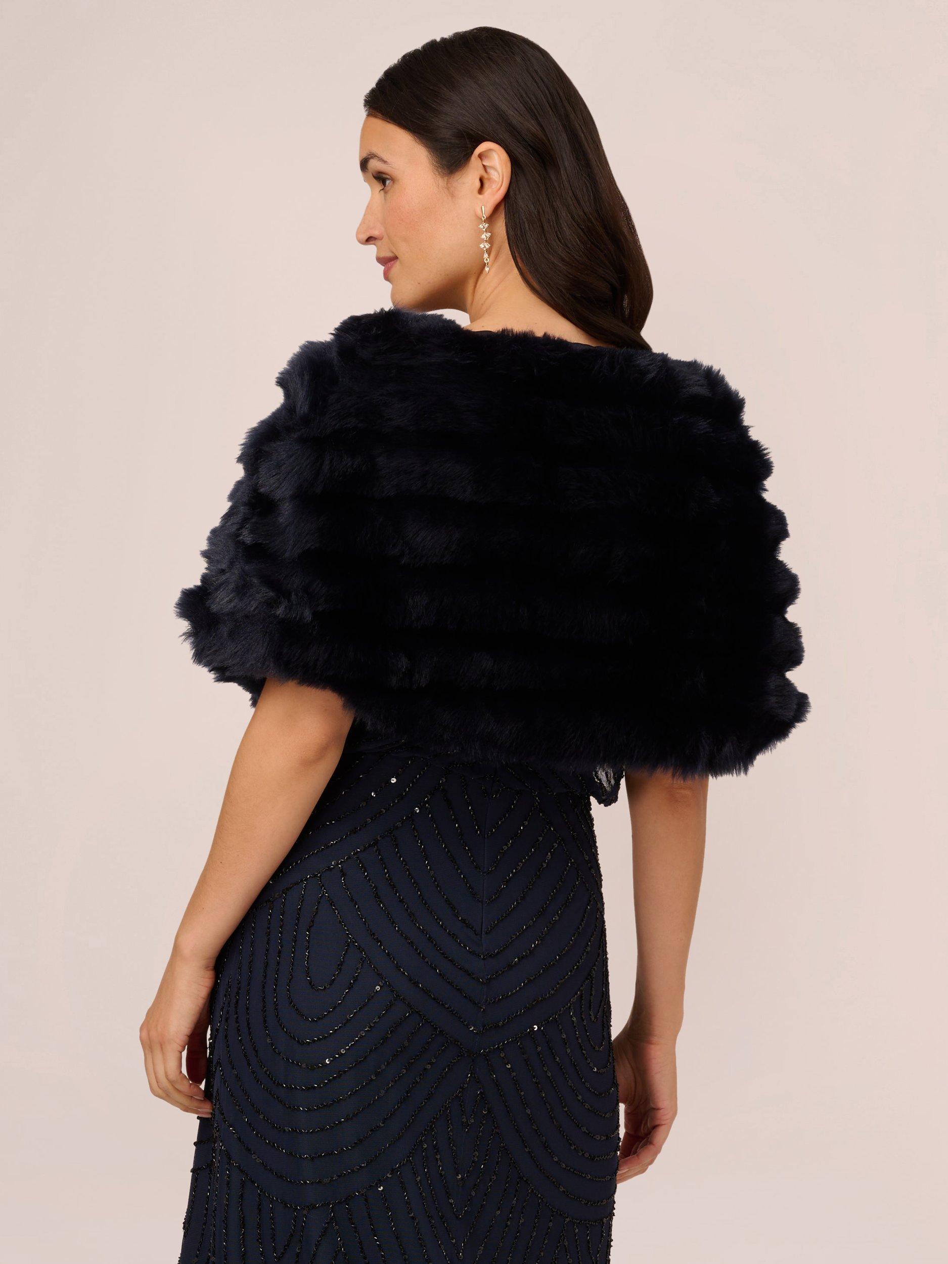 Product image 6 of 7, which shows Adrianna Papell Faux Fur Brooch Cover Up, Midnight, XS