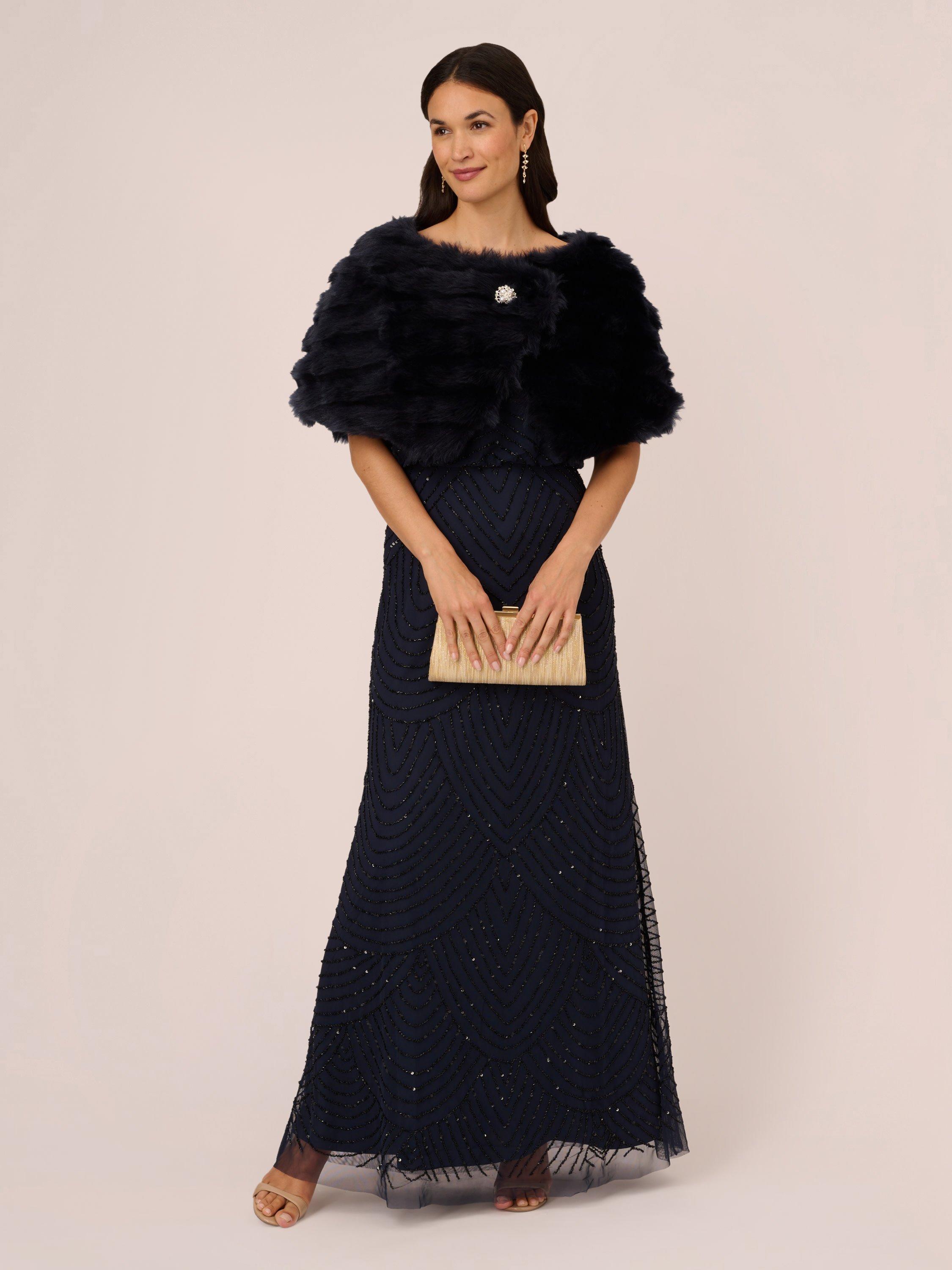 Product image 2 of 7, which shows Adrianna Papell Faux Fur Brooch Cover Up, Midnight, XS