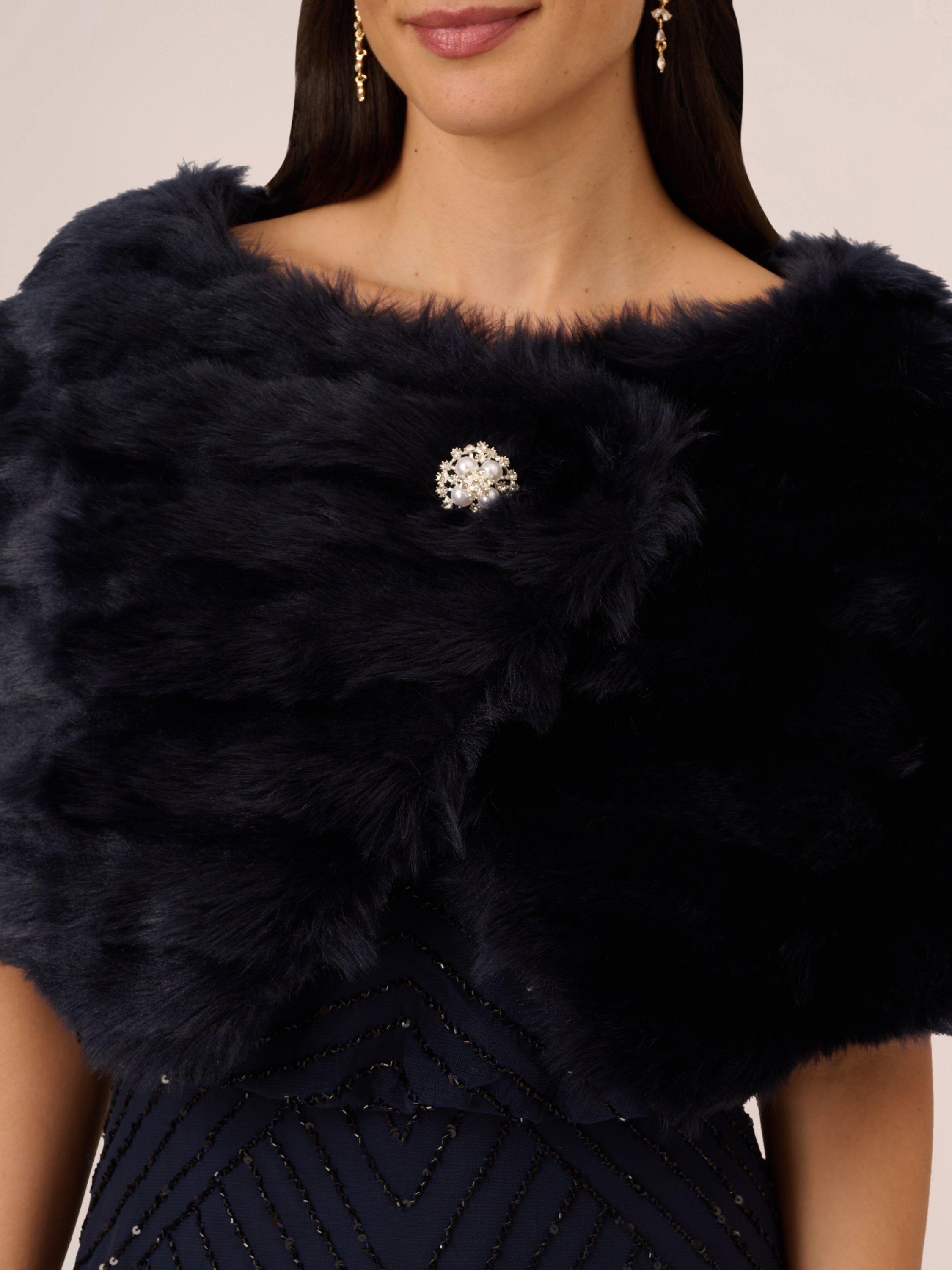 Product image 3 of 7, which shows Adrianna Papell Faux Fur Brooch Cover Up, Midnight, XS