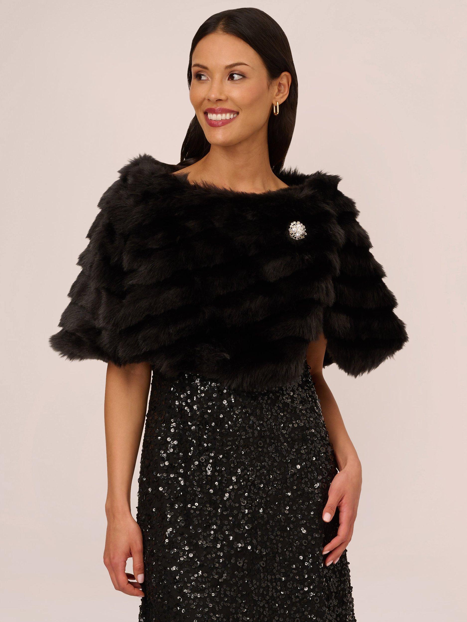 Product image 1 of 7, which shows Adrianna Papell Faux Fur Brooch Cover Up, Black, XS