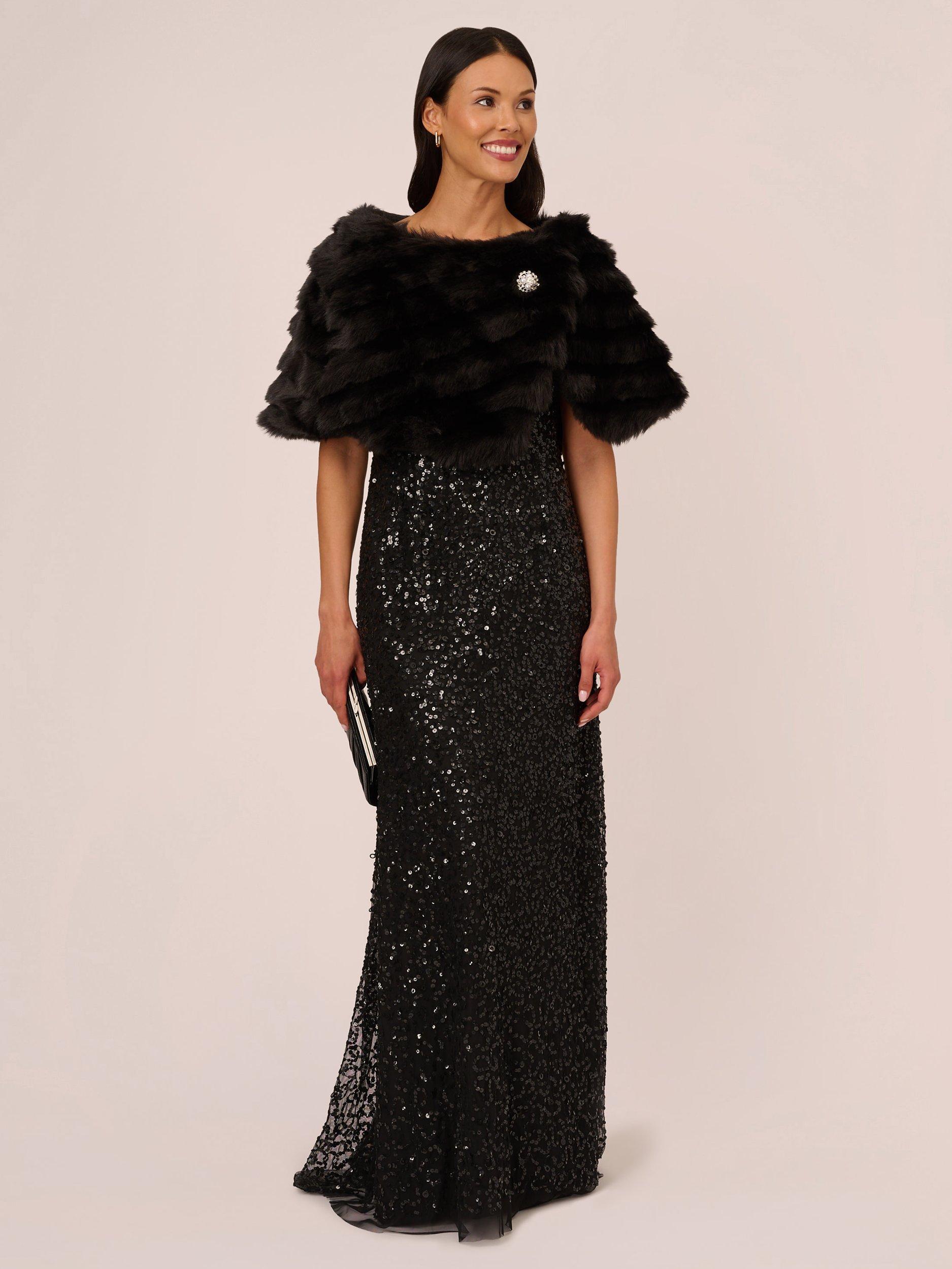 Product image 3 of 7, which shows Adrianna Papell Faux Fur Brooch Cover Up, Black, XS