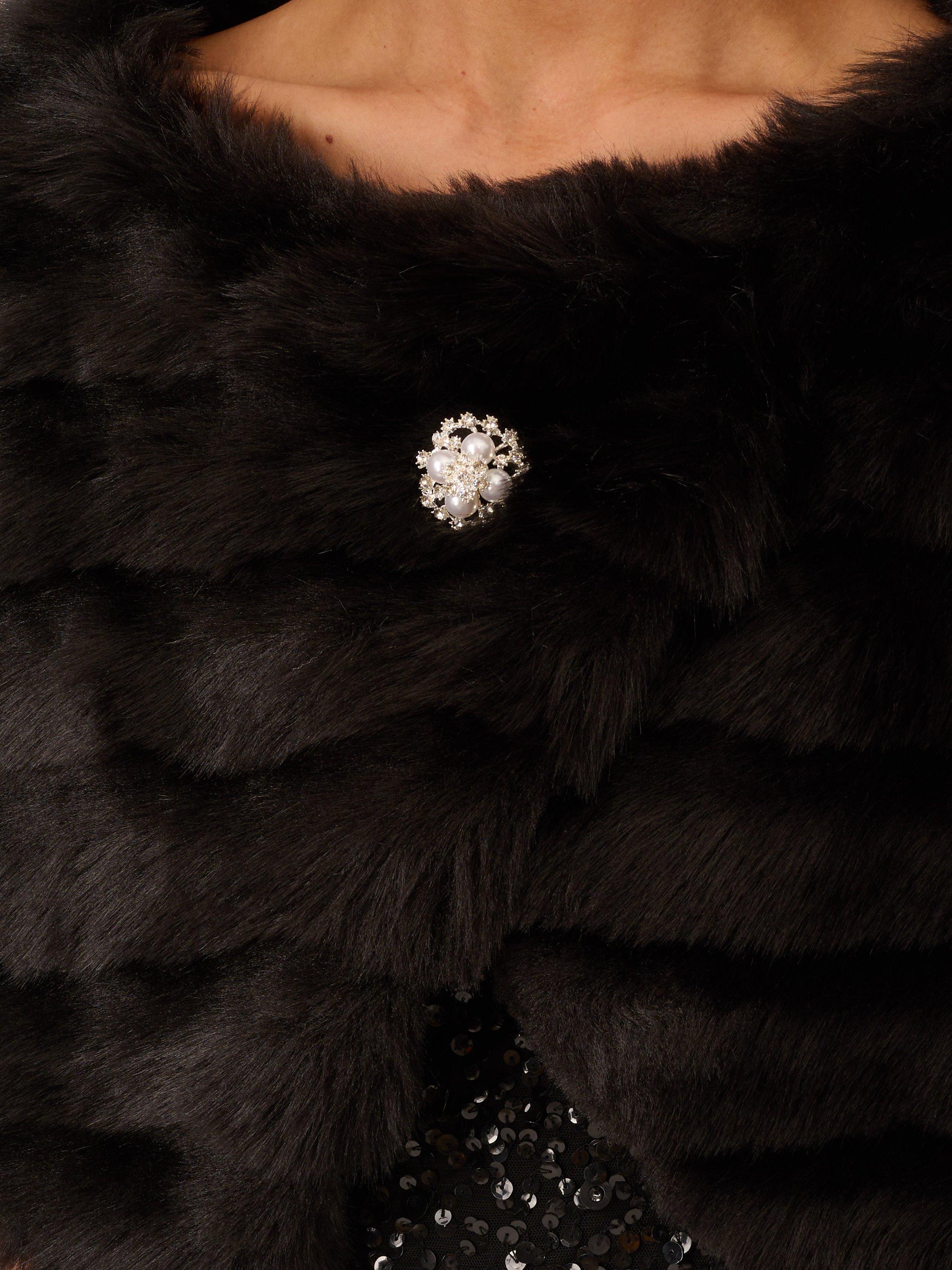 Product image 4 of 7, which shows Adrianna Papell Faux Fur Brooch Cover Up, Black, XS