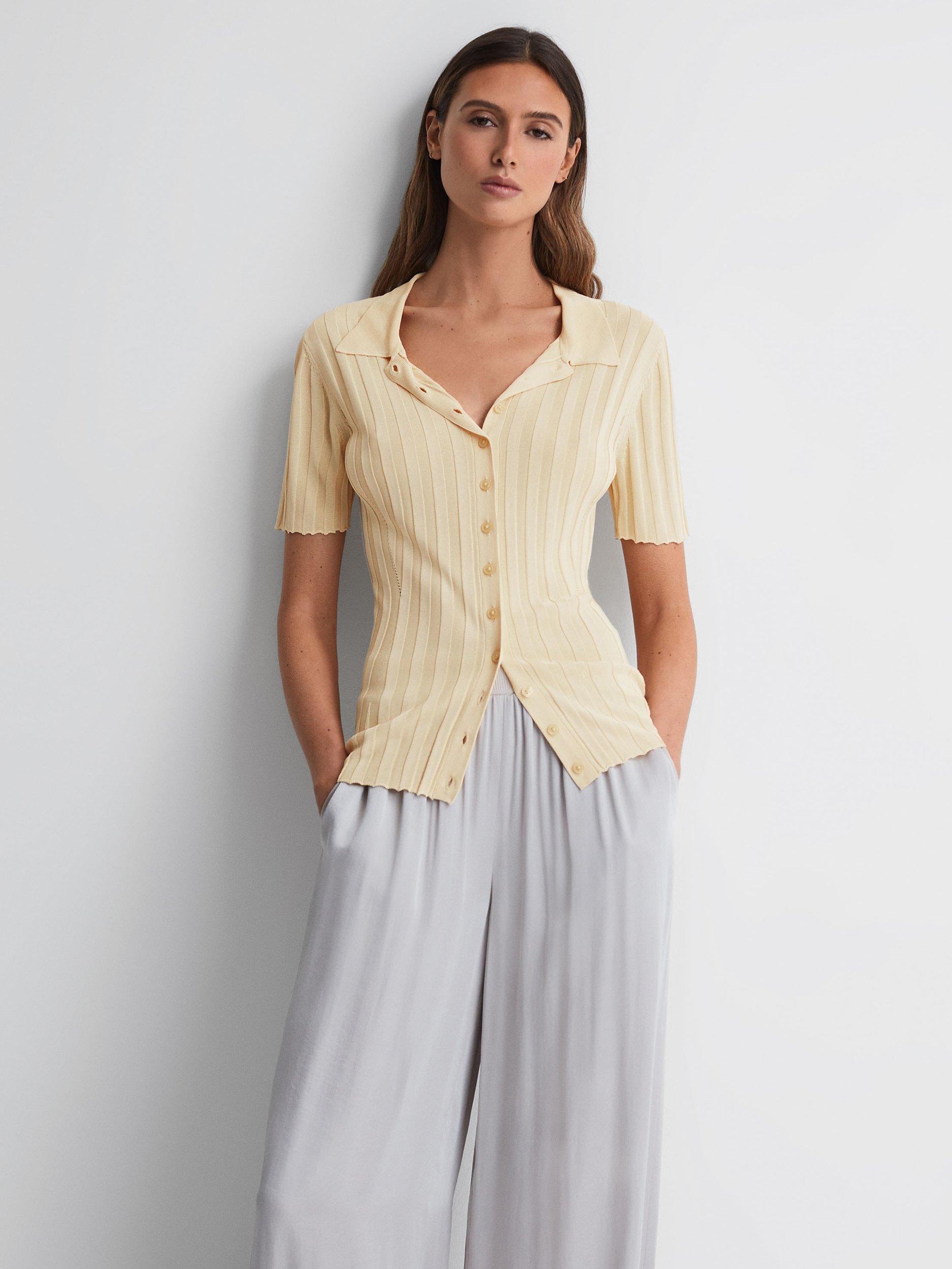 Reiss Stella Fitted Rib Knit Short Sleeve Shirt, Lemon