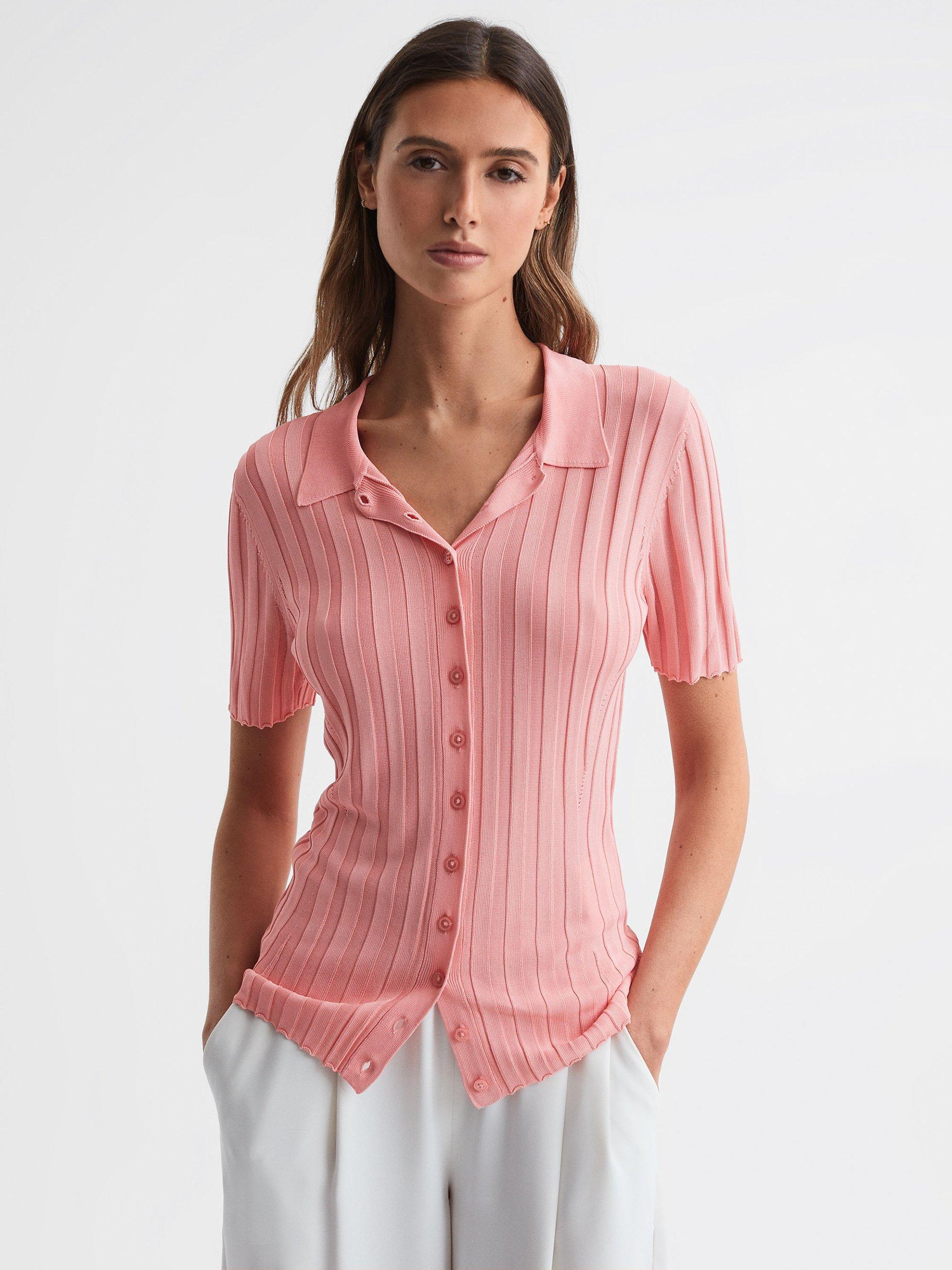 Reiss Stella Fitted Rib Knit Short Sleeve Shirt