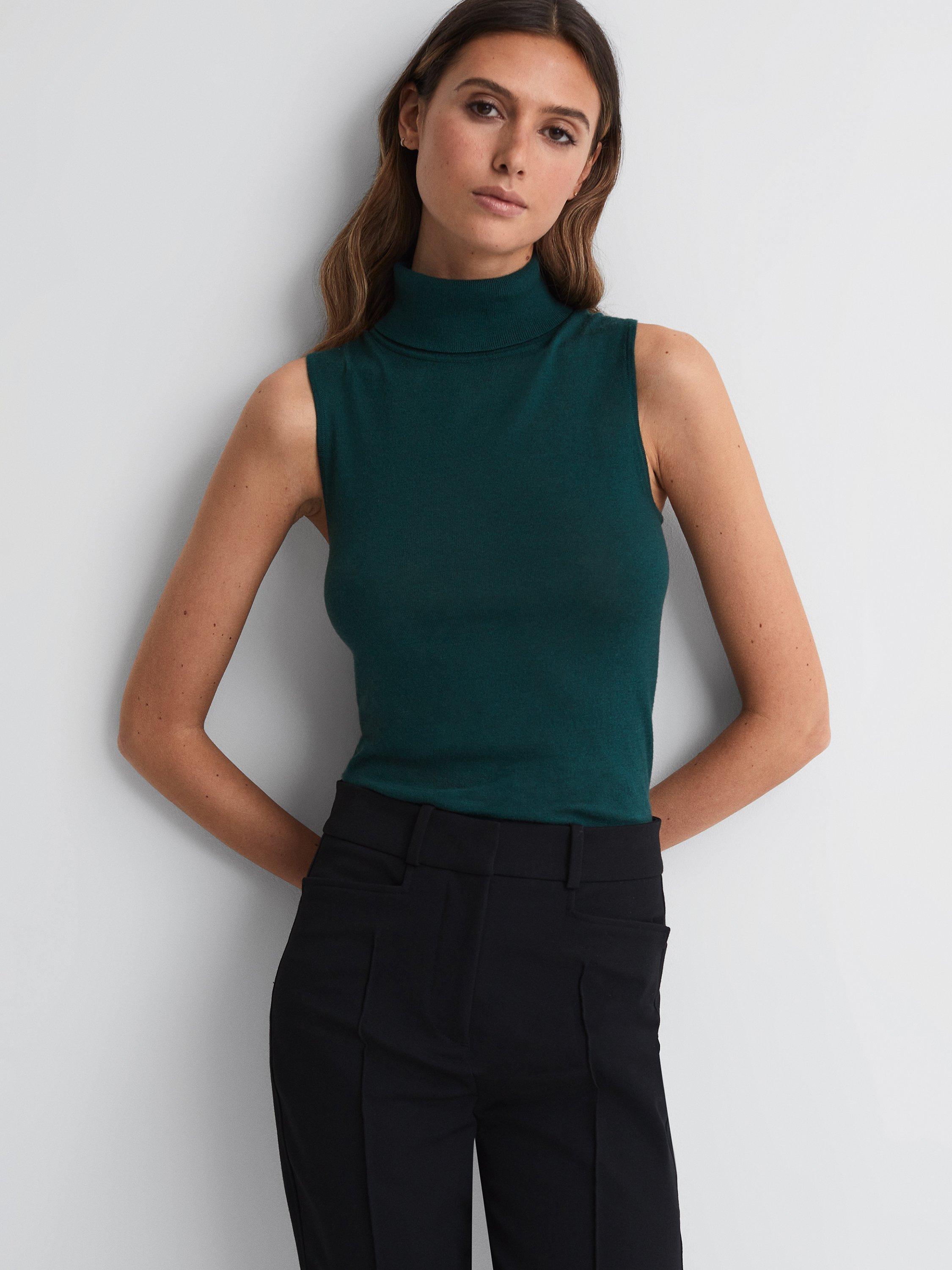 Reiss Edna Sleeveless Roll Neck Wool Top, Dark Teal, S
