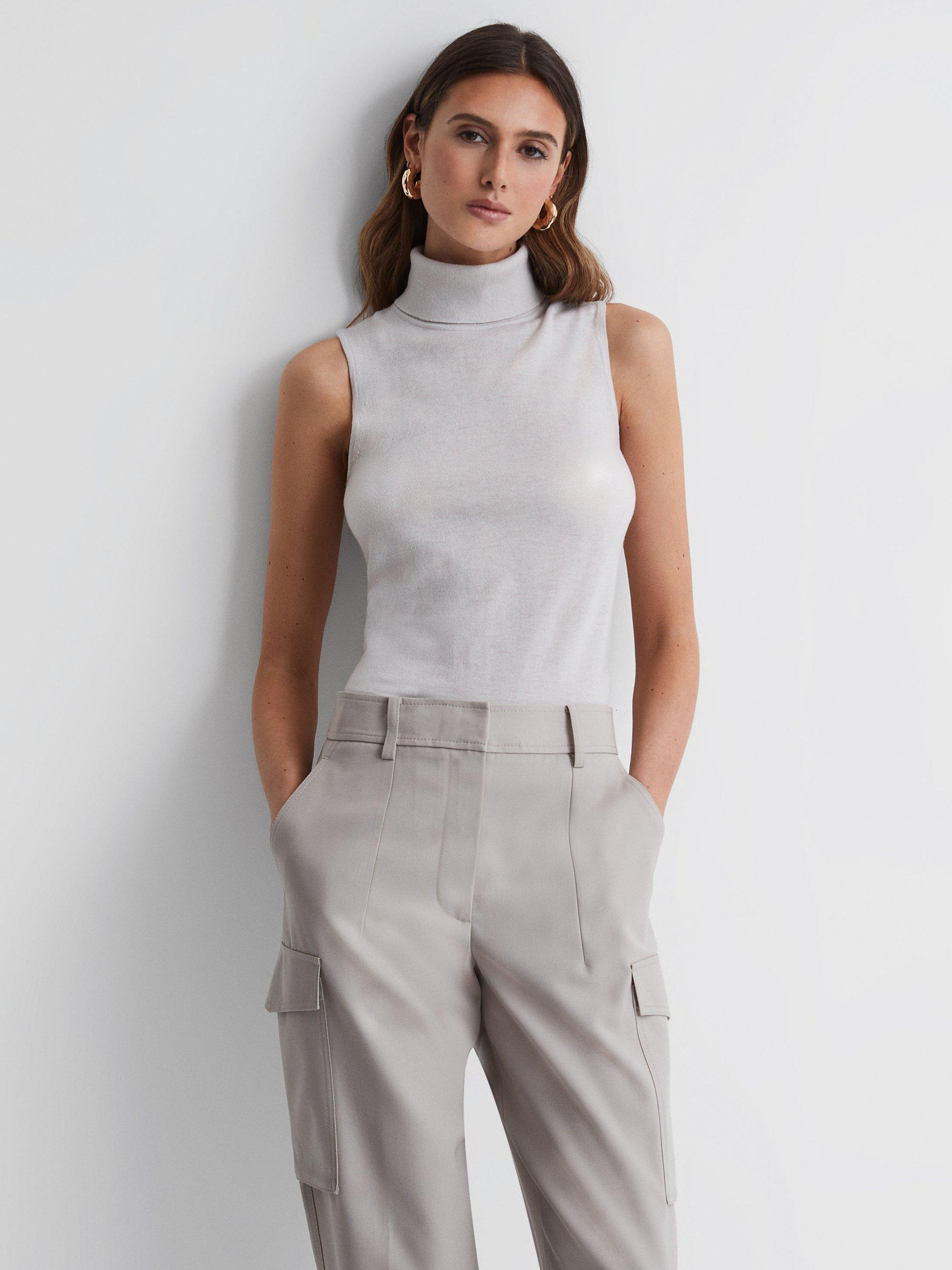Reiss Edna Sleeveless Roll Neck Wool Top, Stone, M