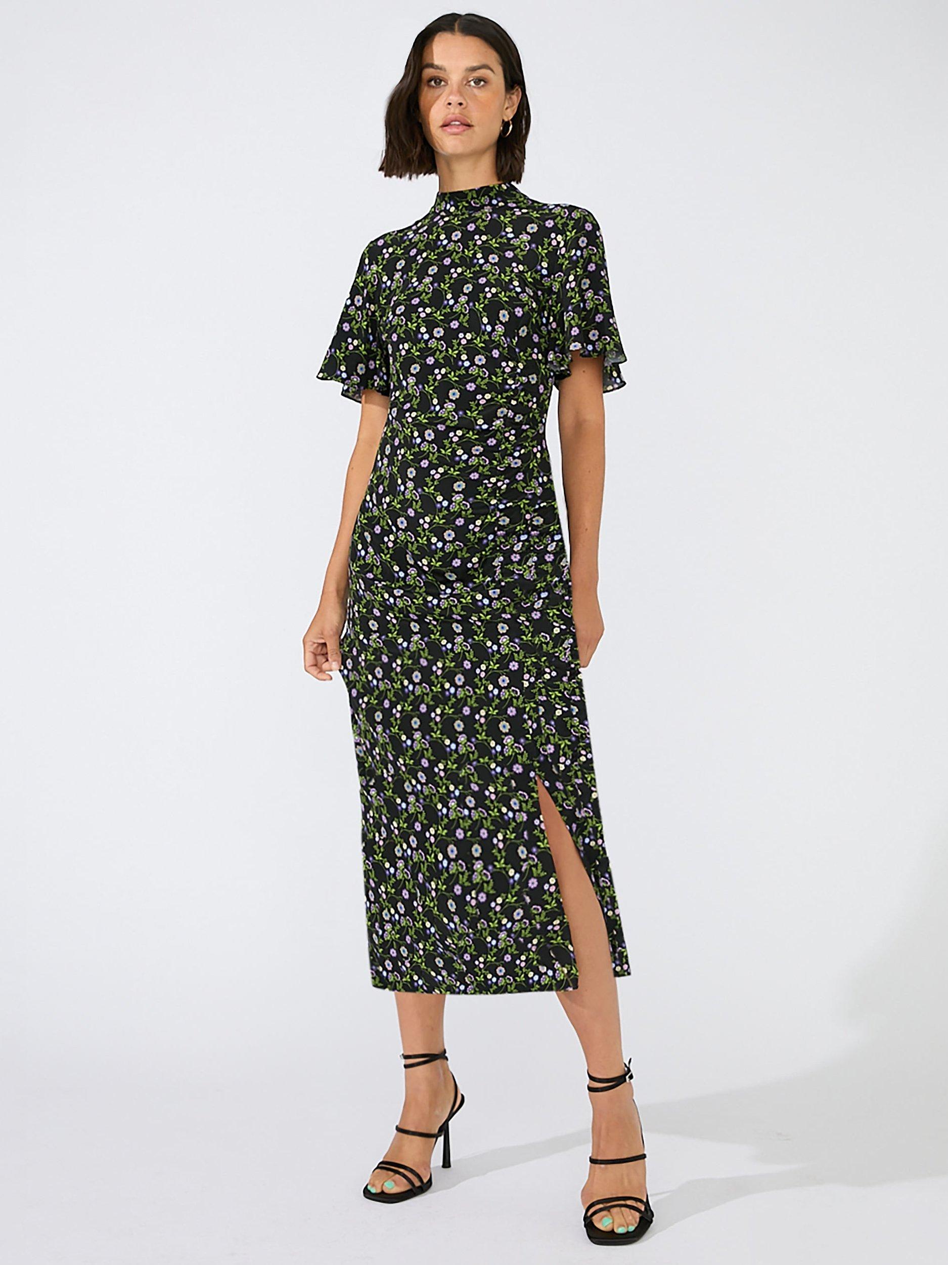 Ro&Zo Petite Wildflower High Neck Midi Dress, Black/Multi