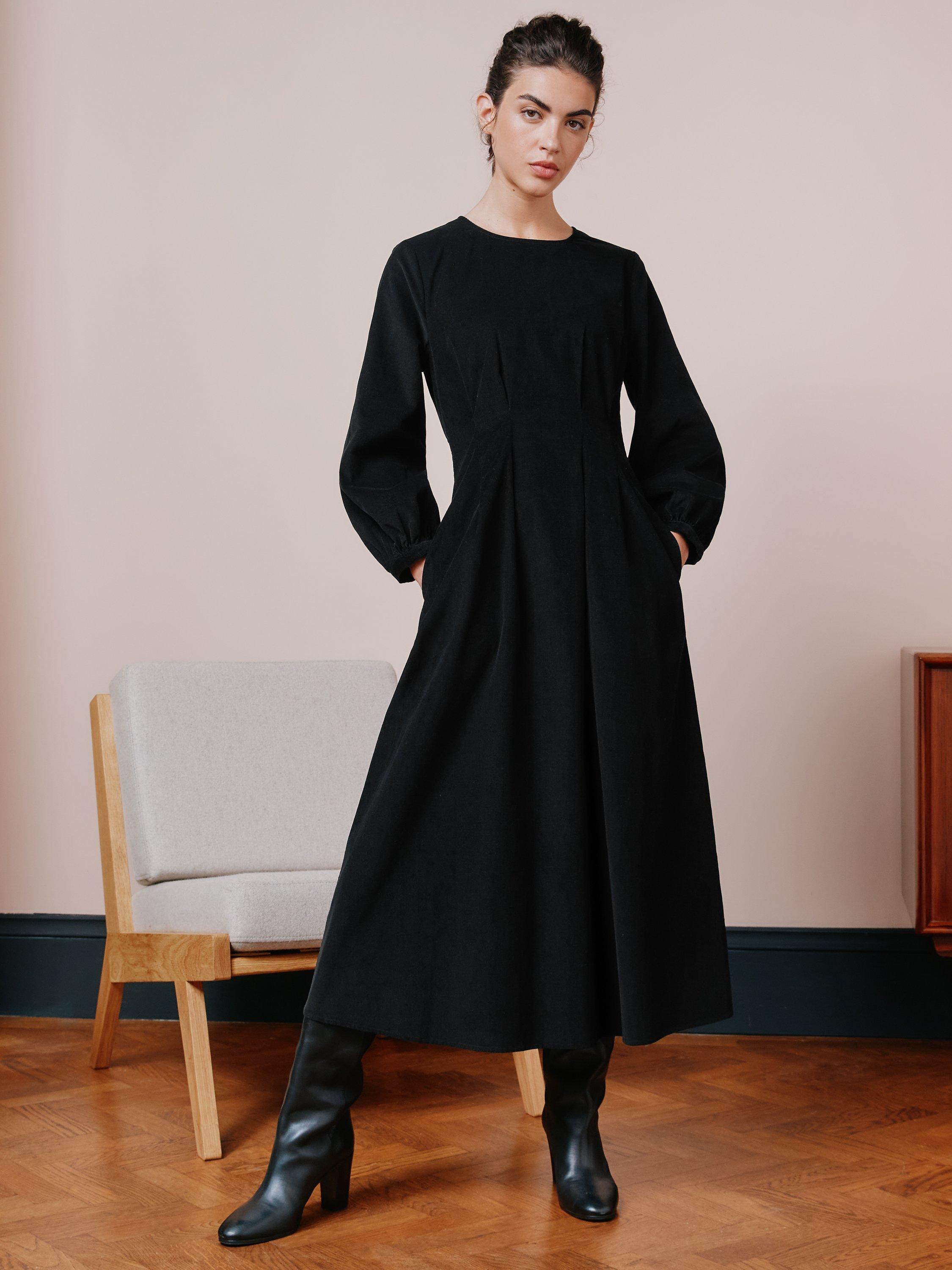 Albaray Waisted Baby Cord Midi Dress, Black