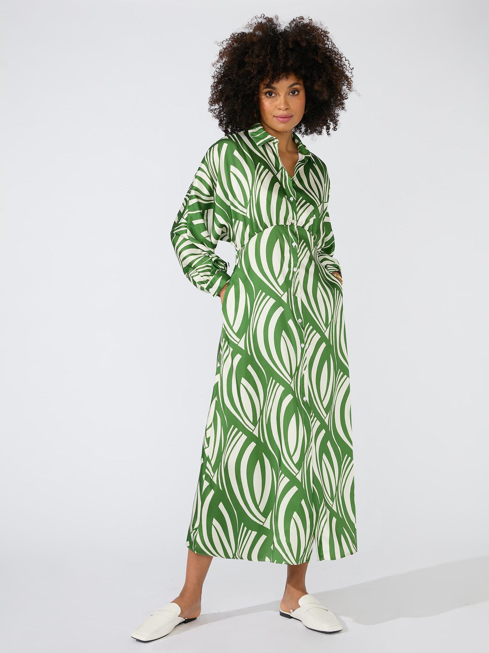 Ro&Zo Monochrome Abstract Leaf Print Midi Dress, Green/White
