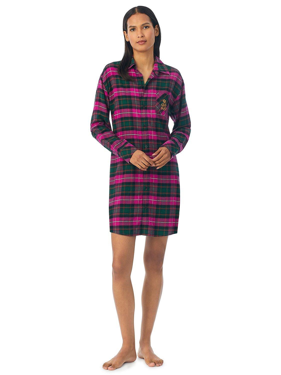 Lauren Ralph Lauren Brushed Twill Long Sleeve Nightshirt, Pink Plaid