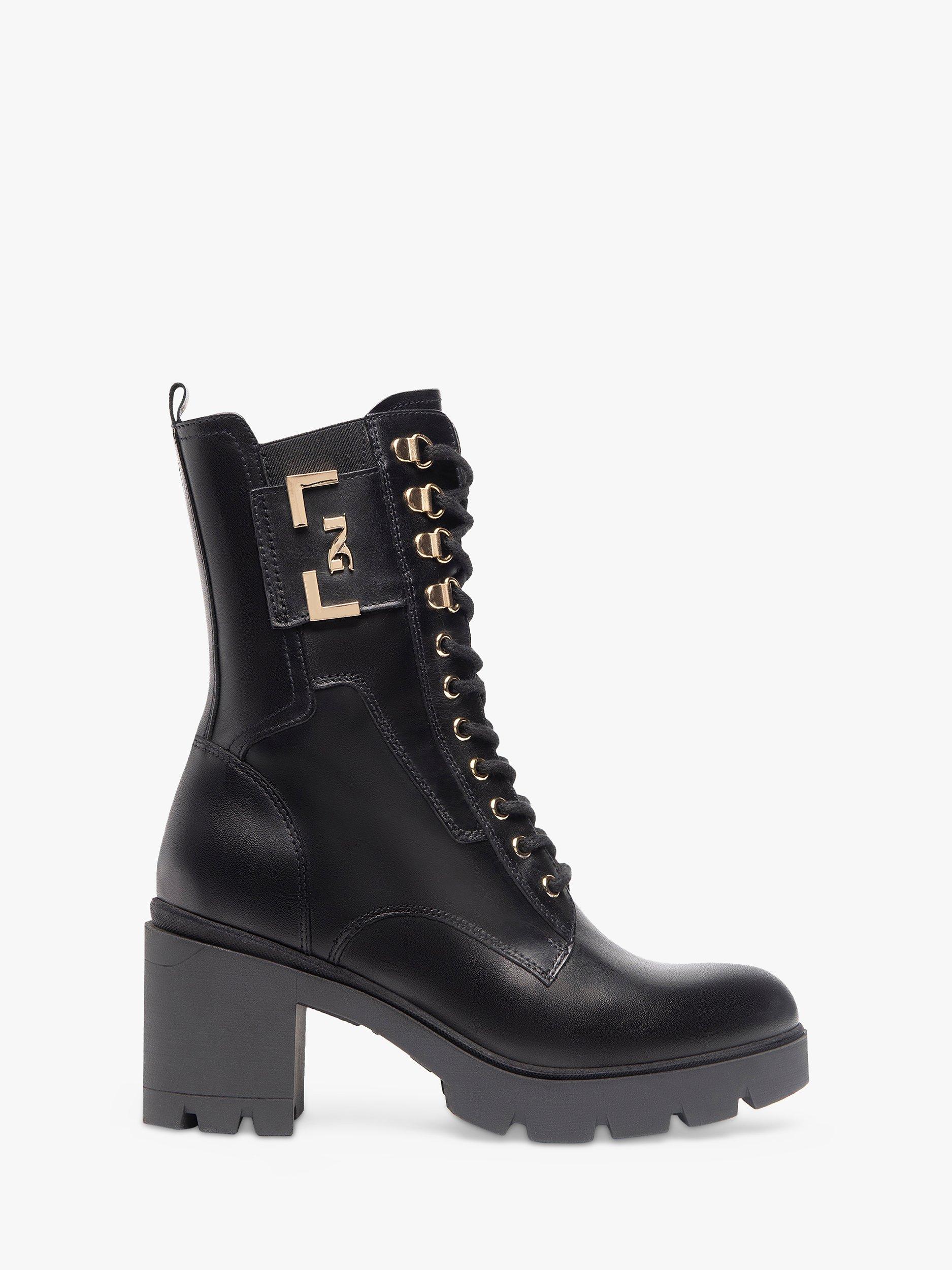 Product image 1 of 4, which shows NeroGiardini Chunky Heel Leather Biker Boots, Black, 2