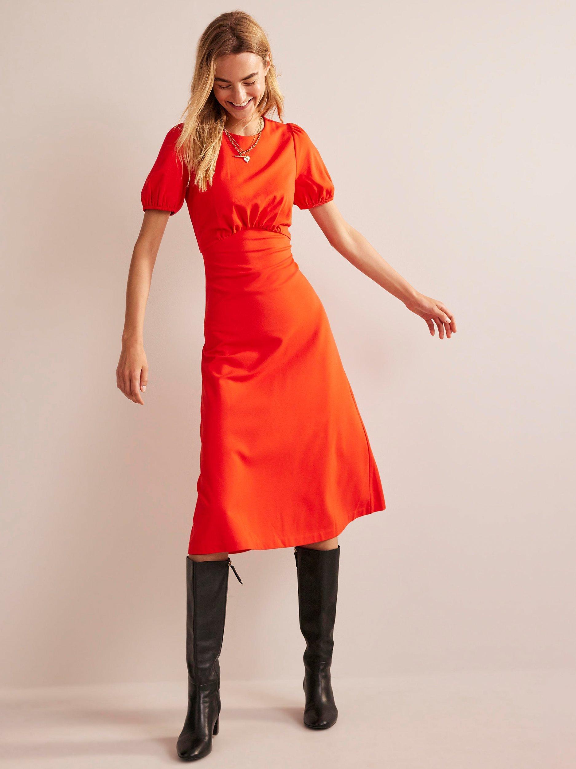 Boden Nancy Empire Line Midi Dress, Fiesta Orange, 12