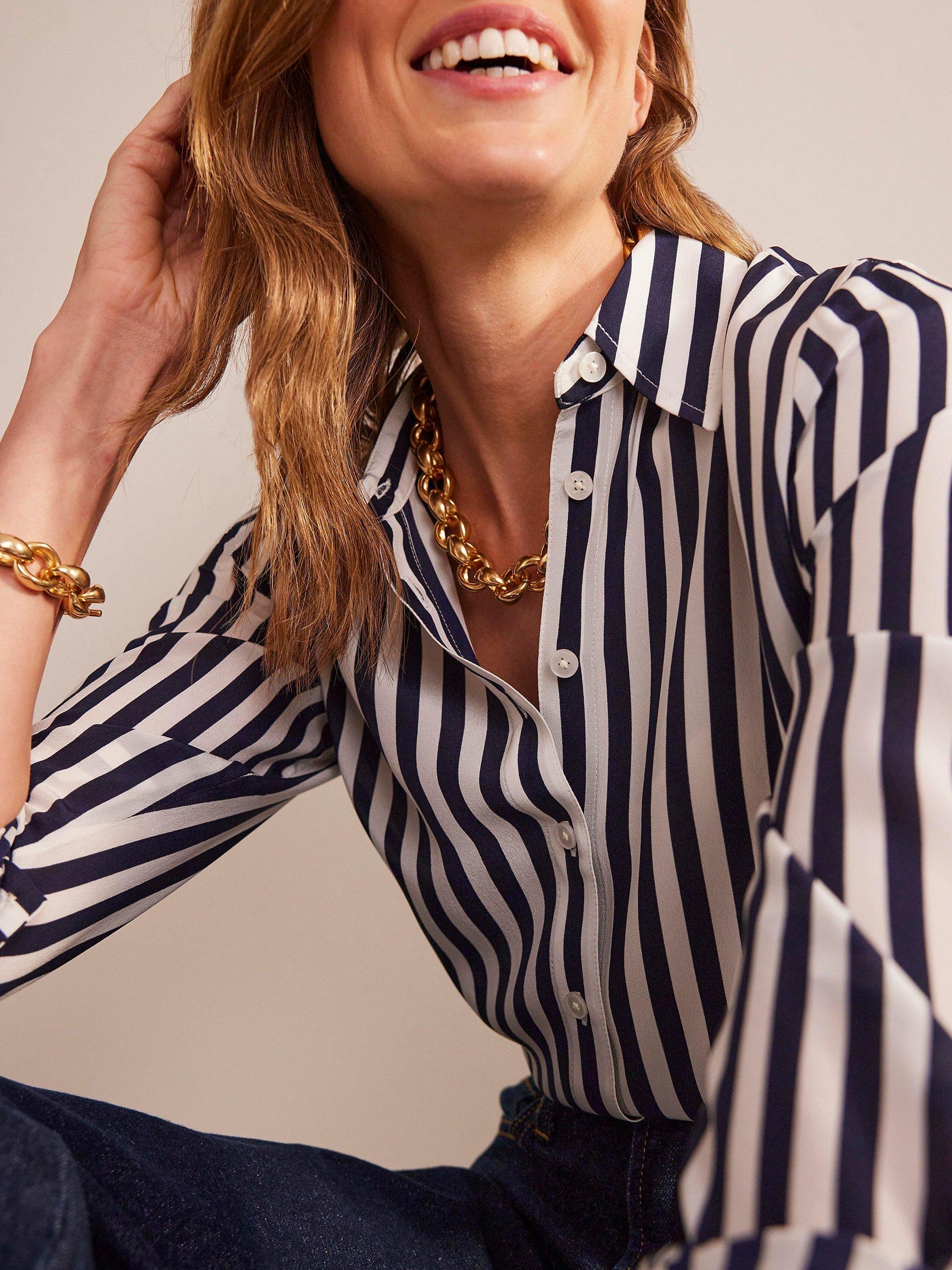 Product image 2 of 5, which shows Boden Sienna Stripe Silk Shirt, Ivory/Navy, 8