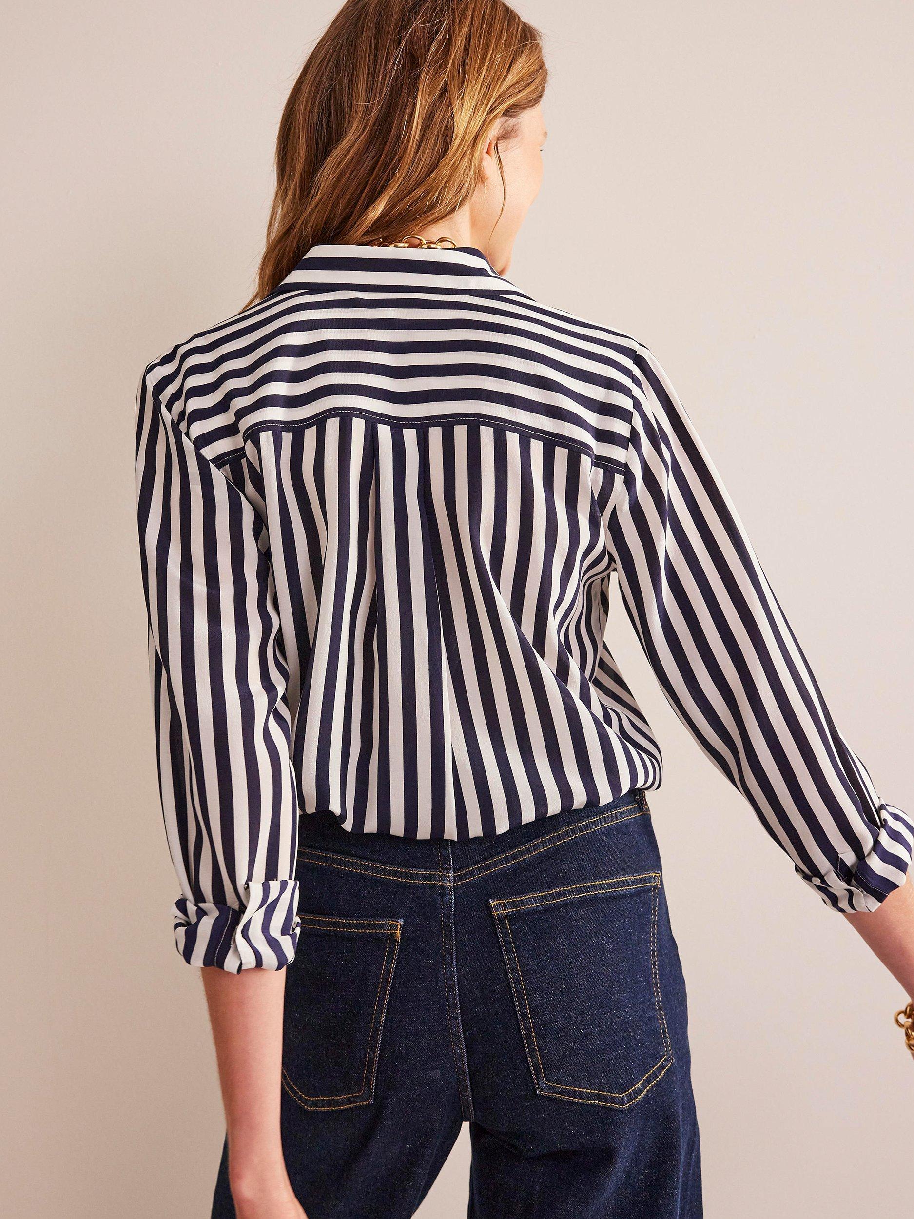 Product image 3 of 5, which shows Boden Sienna Stripe Silk Shirt, Ivory/Navy, 8