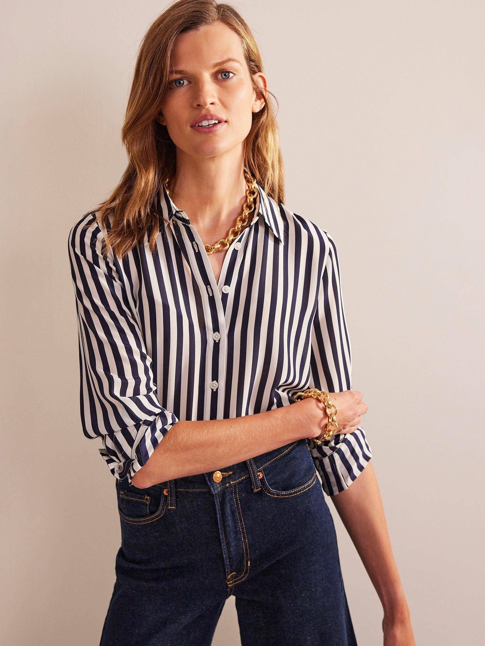 Product image 4 of 5, which shows Boden Sienna Stripe Silk Shirt, Ivory/Navy, 8
