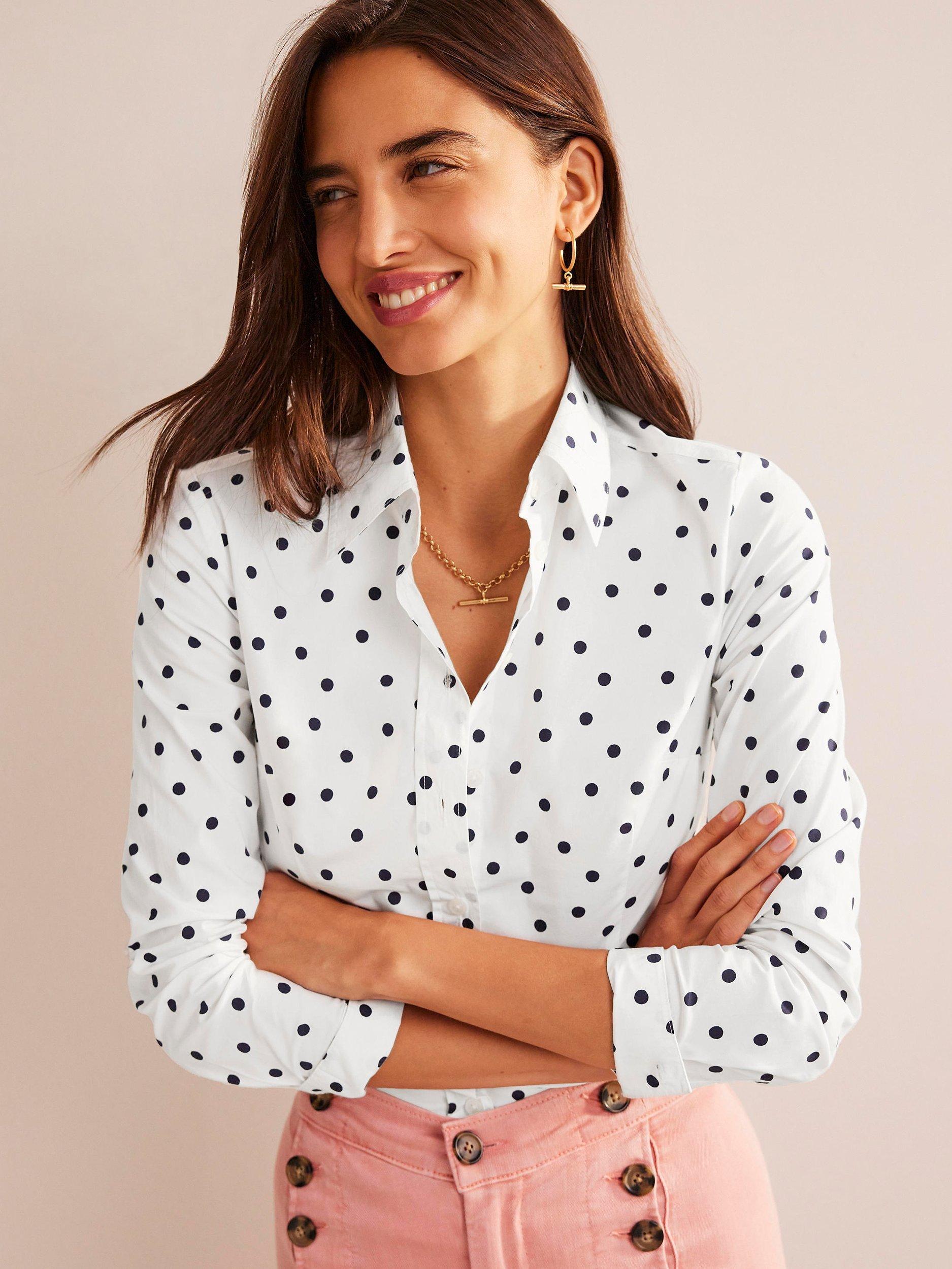 Boden Saskia Stretch Cotton Spaced Dot Shirt Ivory Navy