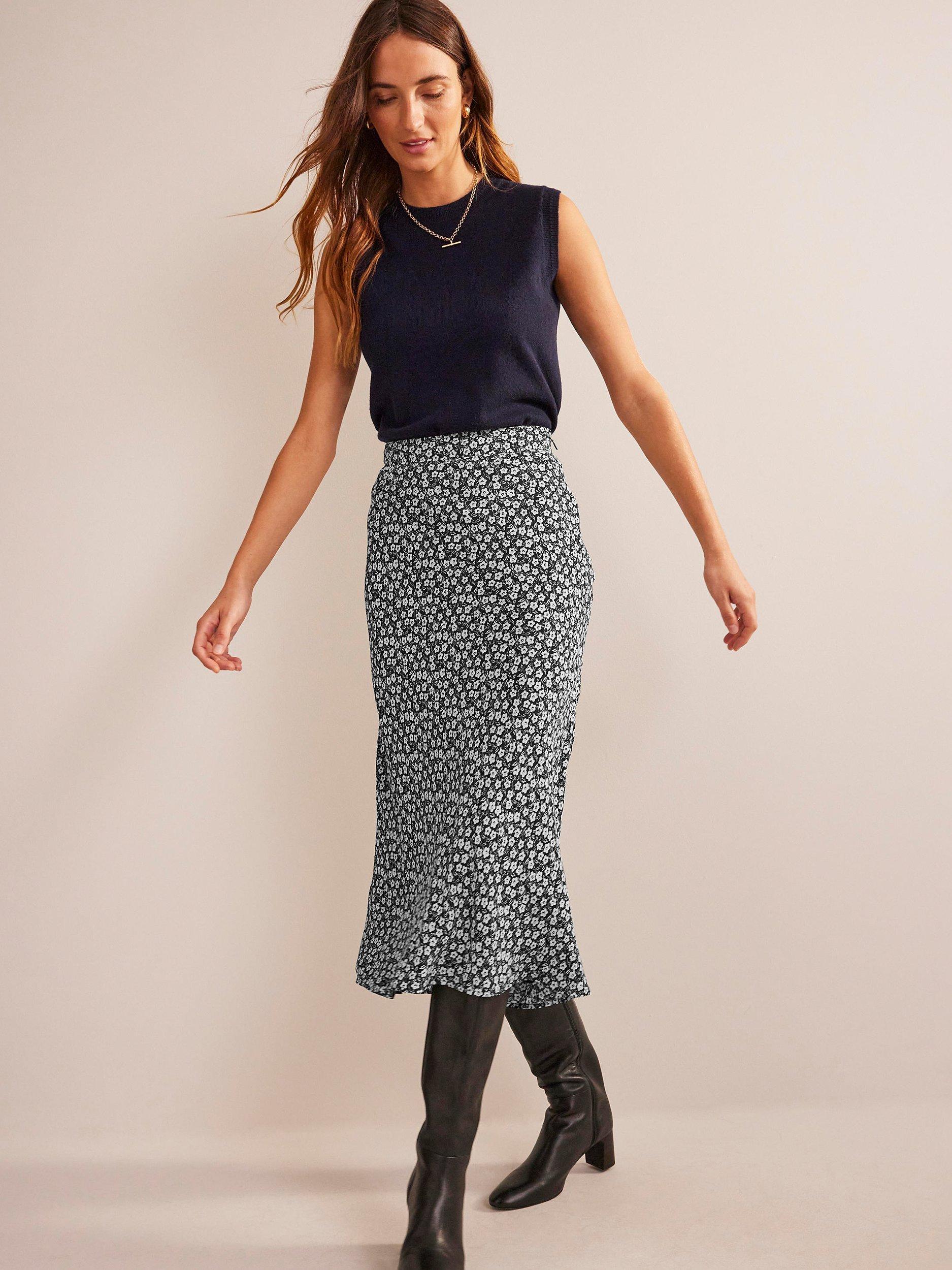 Boden Cecelia Petal Pop Print Midi Skirt, Black/Multi