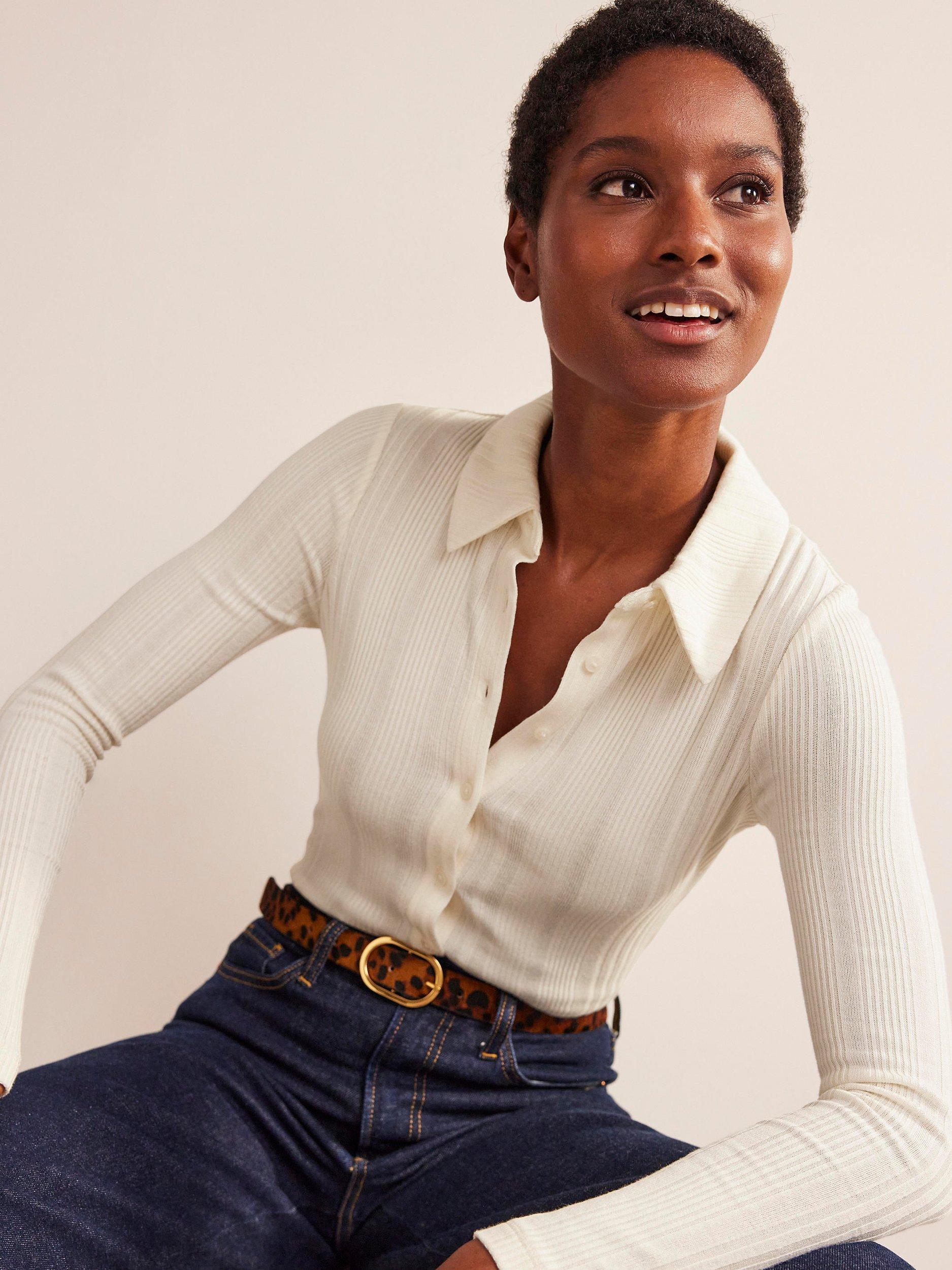 Boden Charlotte Ribbed Knit Jersey Shirt, Ivory