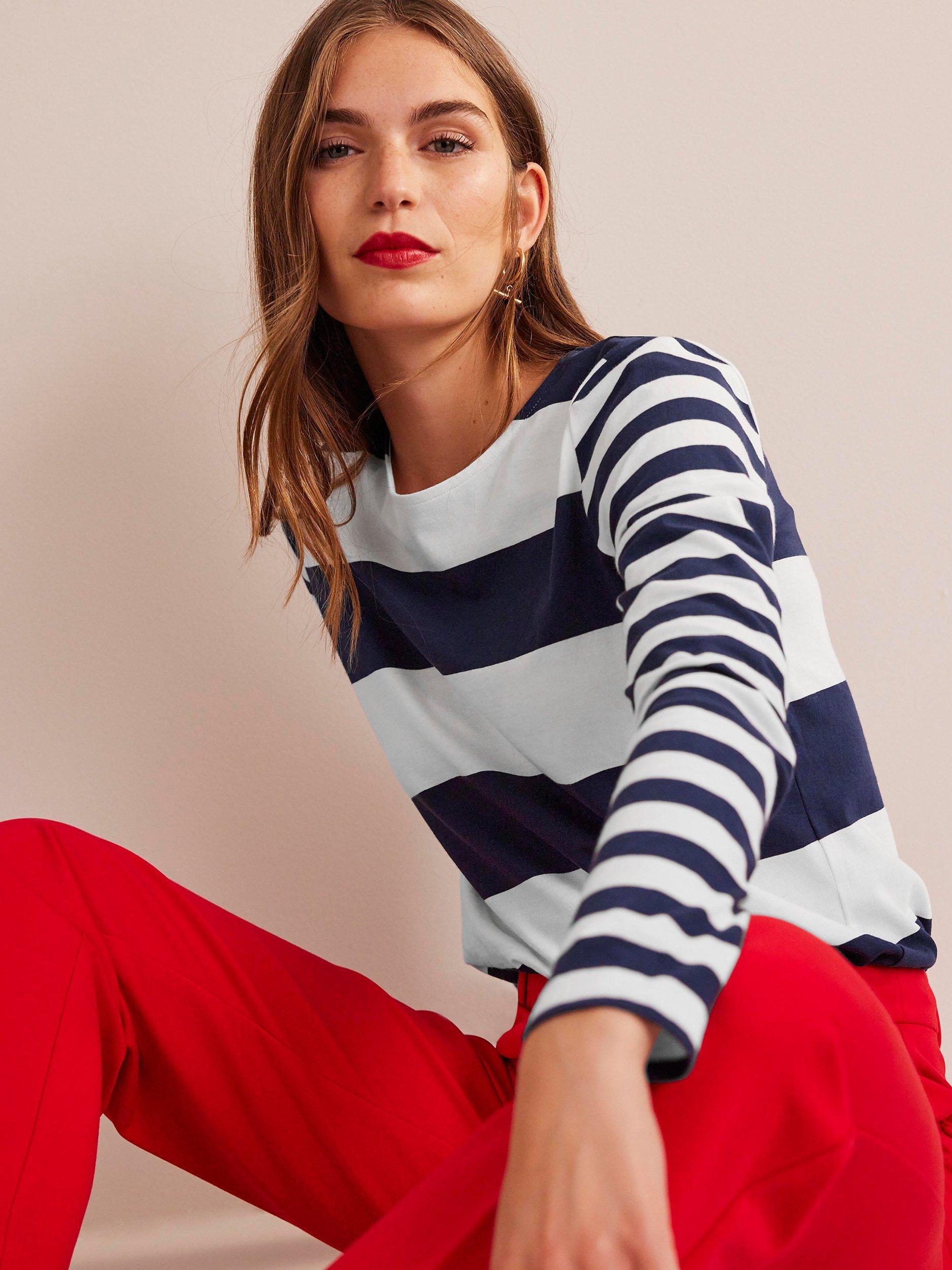 Boden Bea Breton Stripe Long Sleeve Top, French Navy/Ivory
