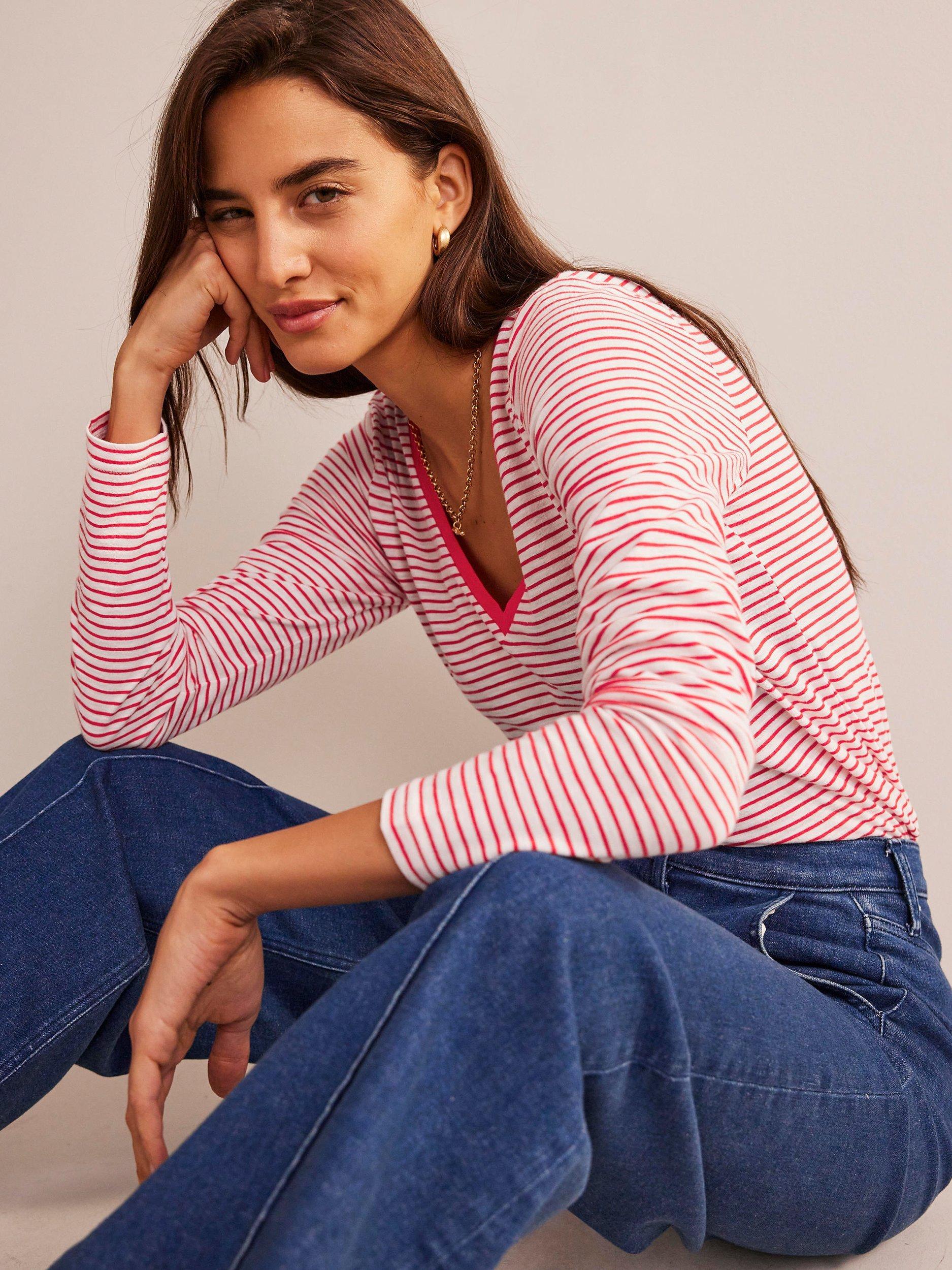 Boden Long Sleeve Stripe Cotton T-Shirt, Red/Ivory