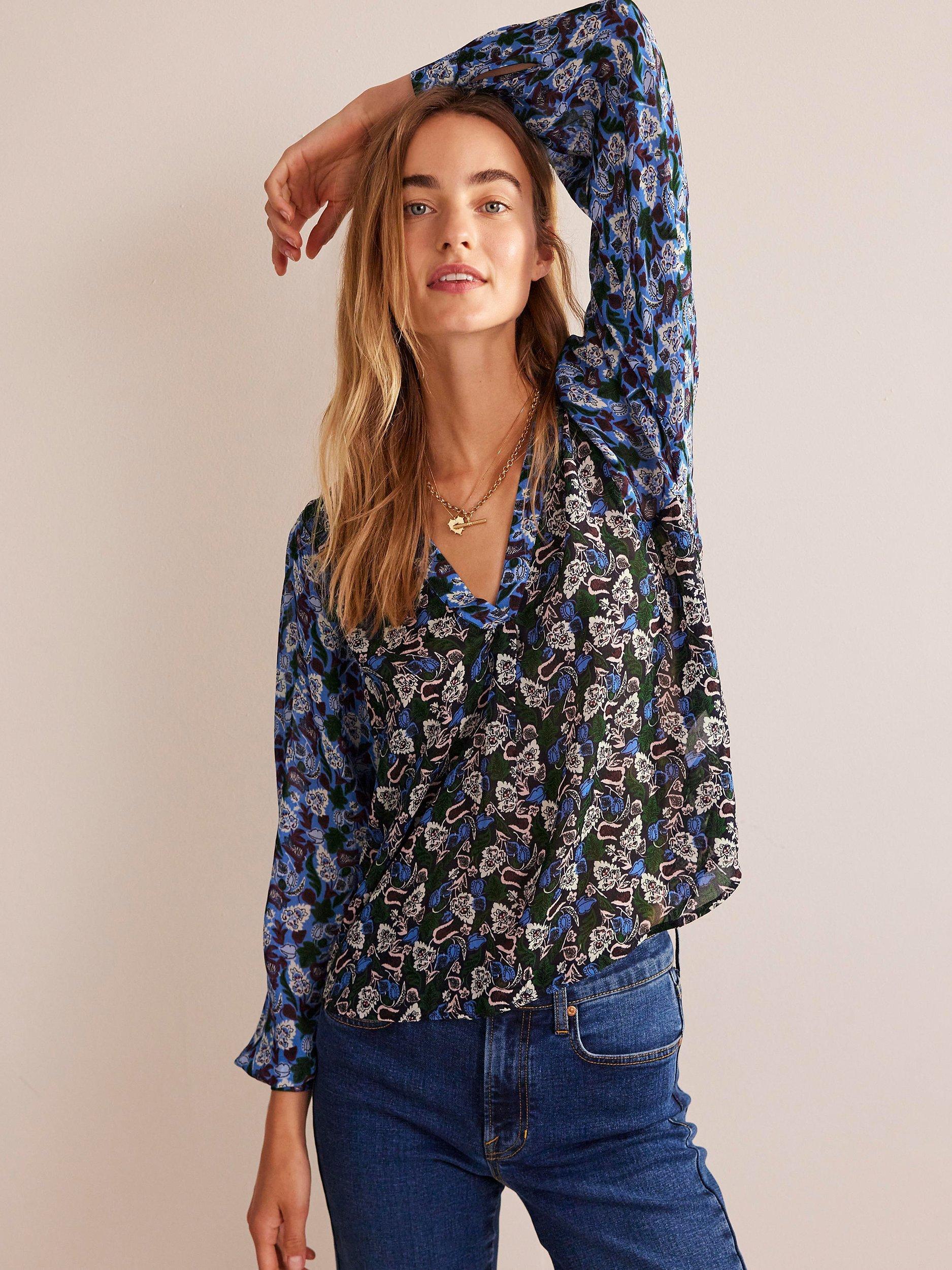 Boden Pretty V-Neck Blouse, Multi, Tulip Bloom