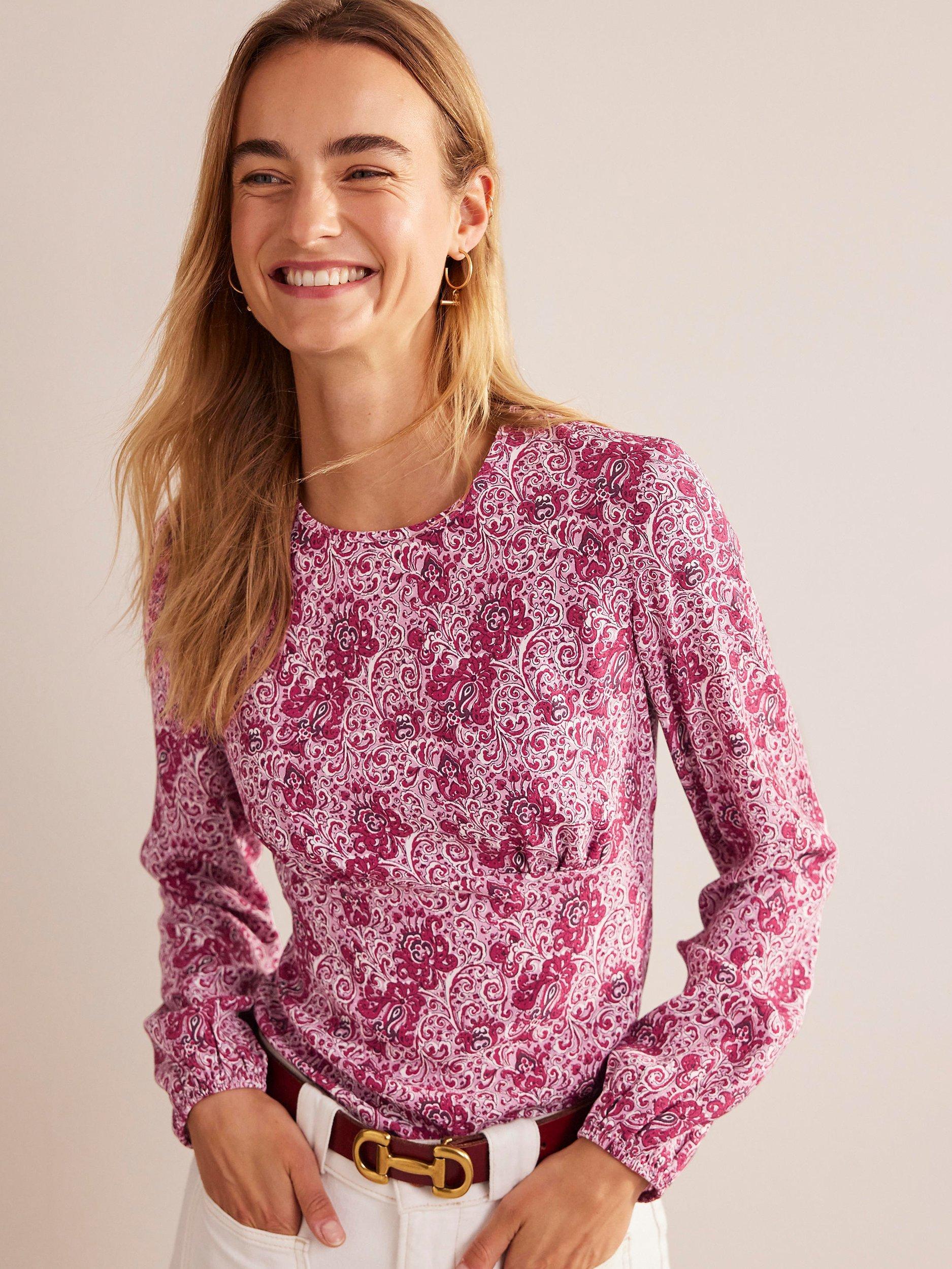 Boden Botanic Print Pipe Detail Top, Strawberry/Multi