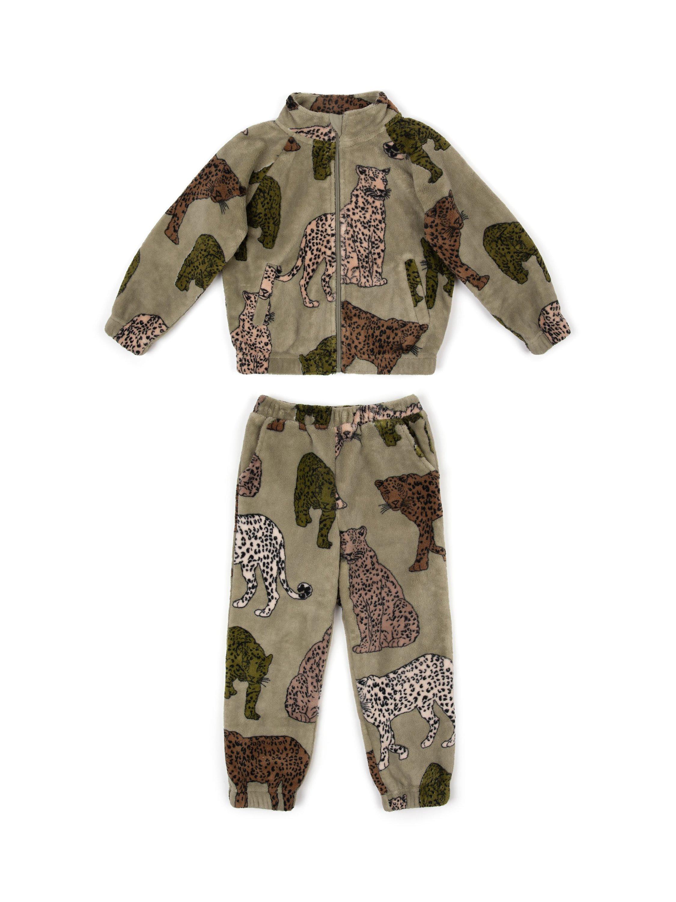Chelsea Peers Kids' Fleece Leopard Print Co-Ord Set, Khaki