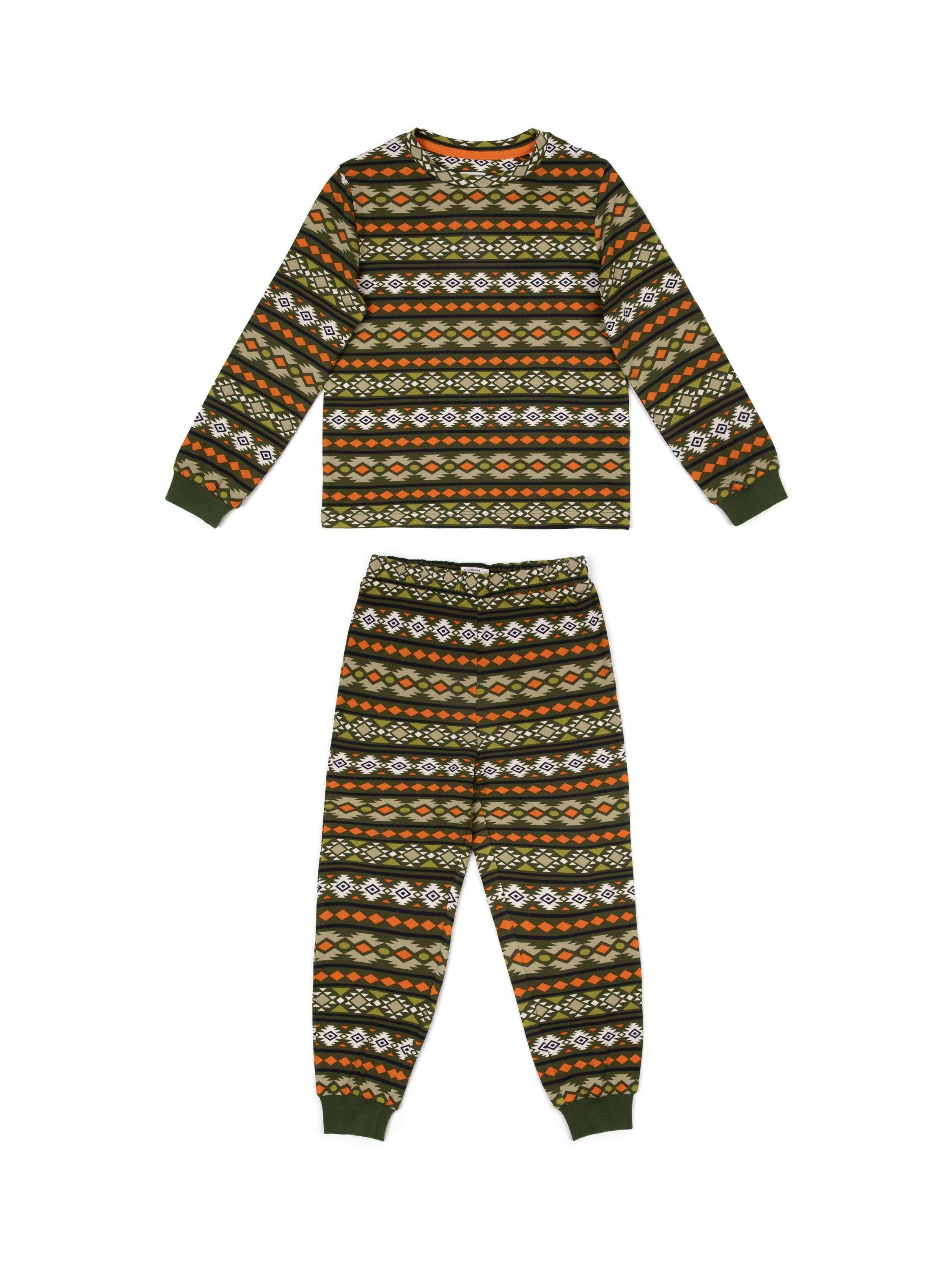 Chelsea Peers Kids' Fleece Green Aztec Print Long Pyjama Set, Multi