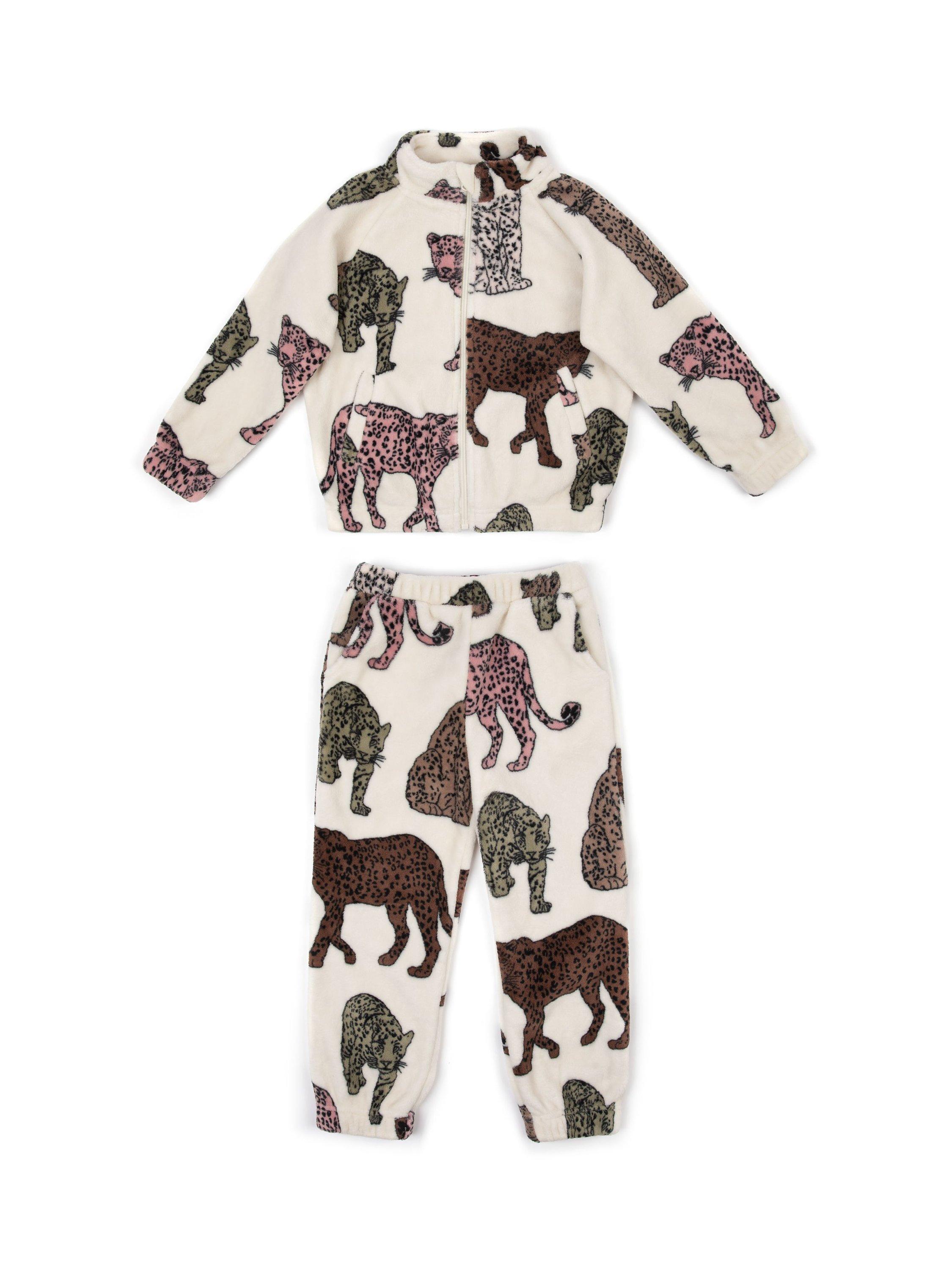 Chelsea Peers Kids' Fleece Leopard Print Co-Ord Set, Off White