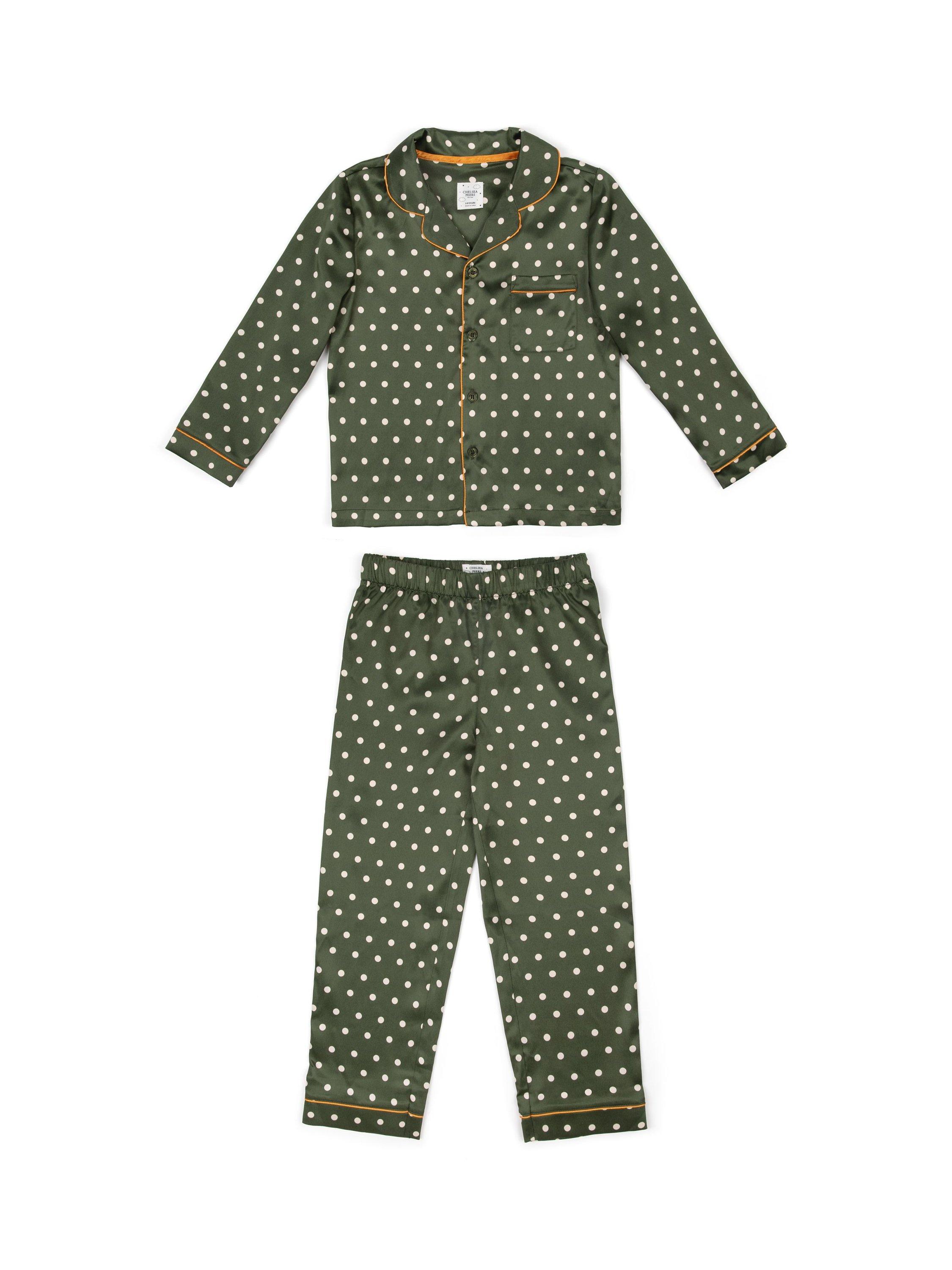 Chelsea Peers Kids' Satin Polka Dot Print Long Pyjama Set, Khaki