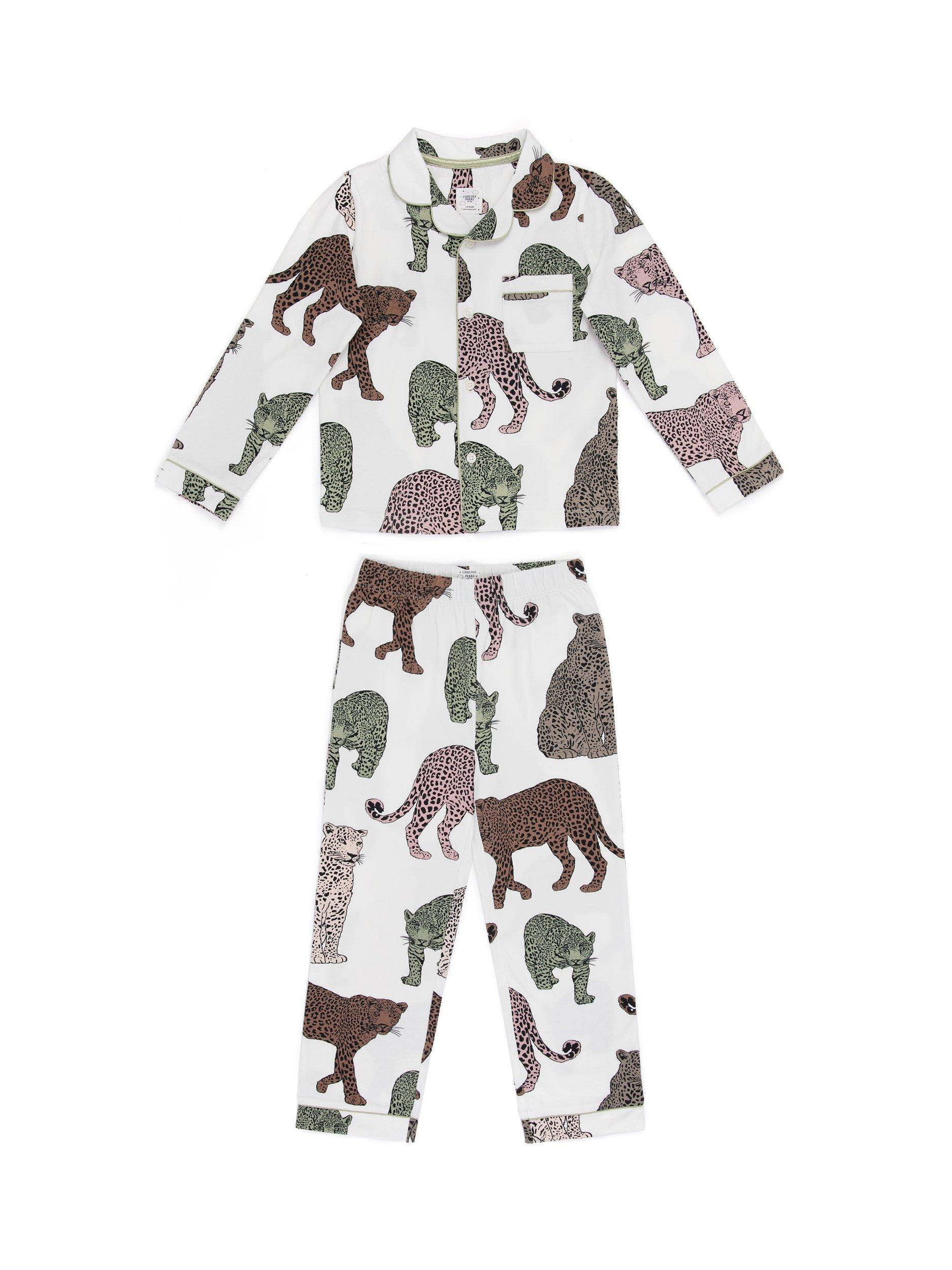 Chelsea Peers Kids' Leopard Print Organic Cotton Blend Pyjamas, Off White/Multi