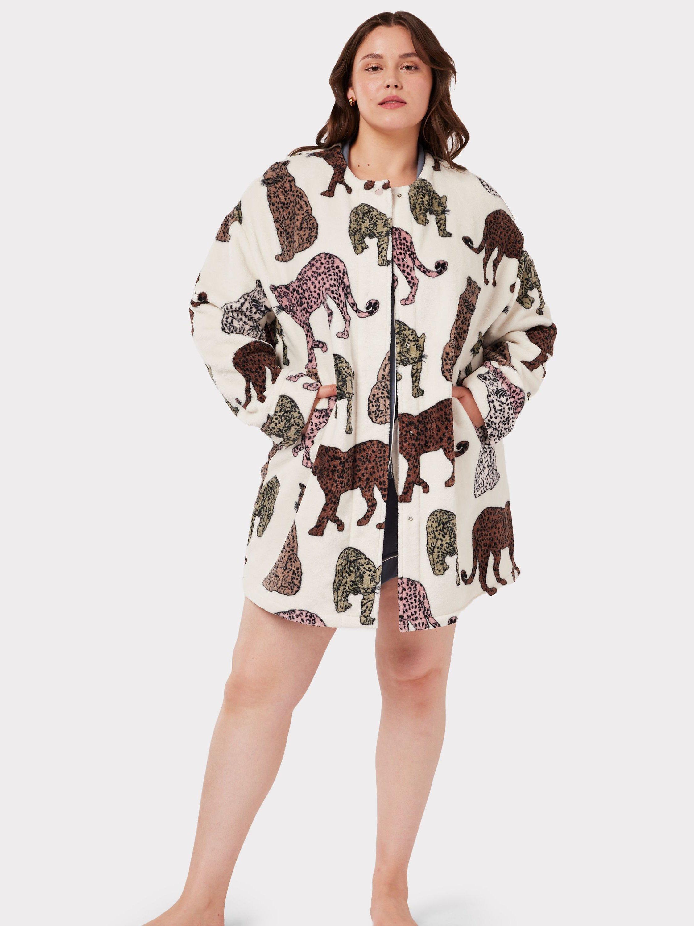Chelsea Peers Curve Fleece Leopard Print Cardigan, Off White/Multi