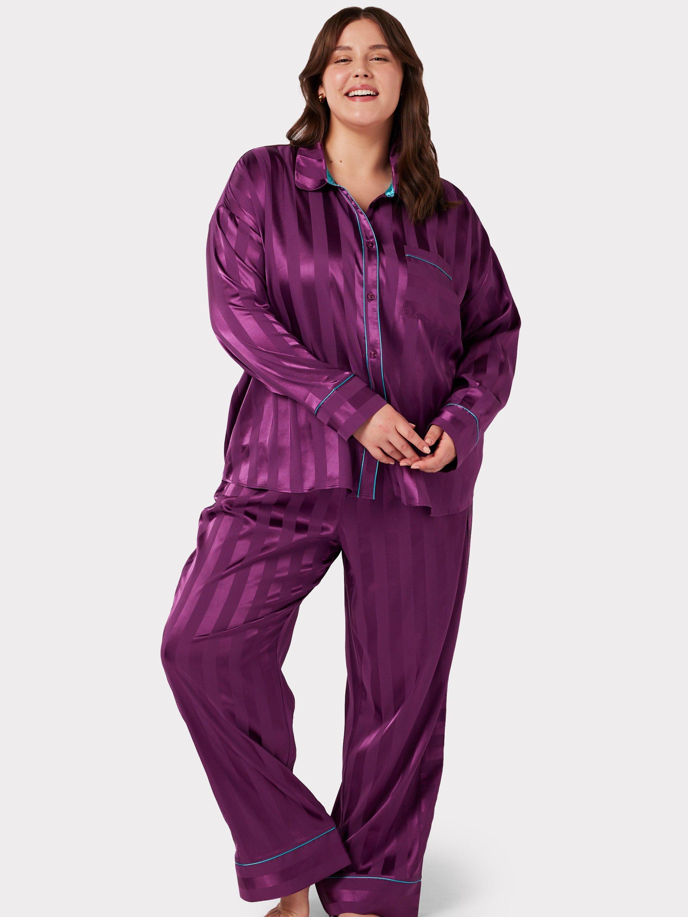 Chelsea Peers Curve Satin Jacquard Stripe Long Pyjama Set, Purple