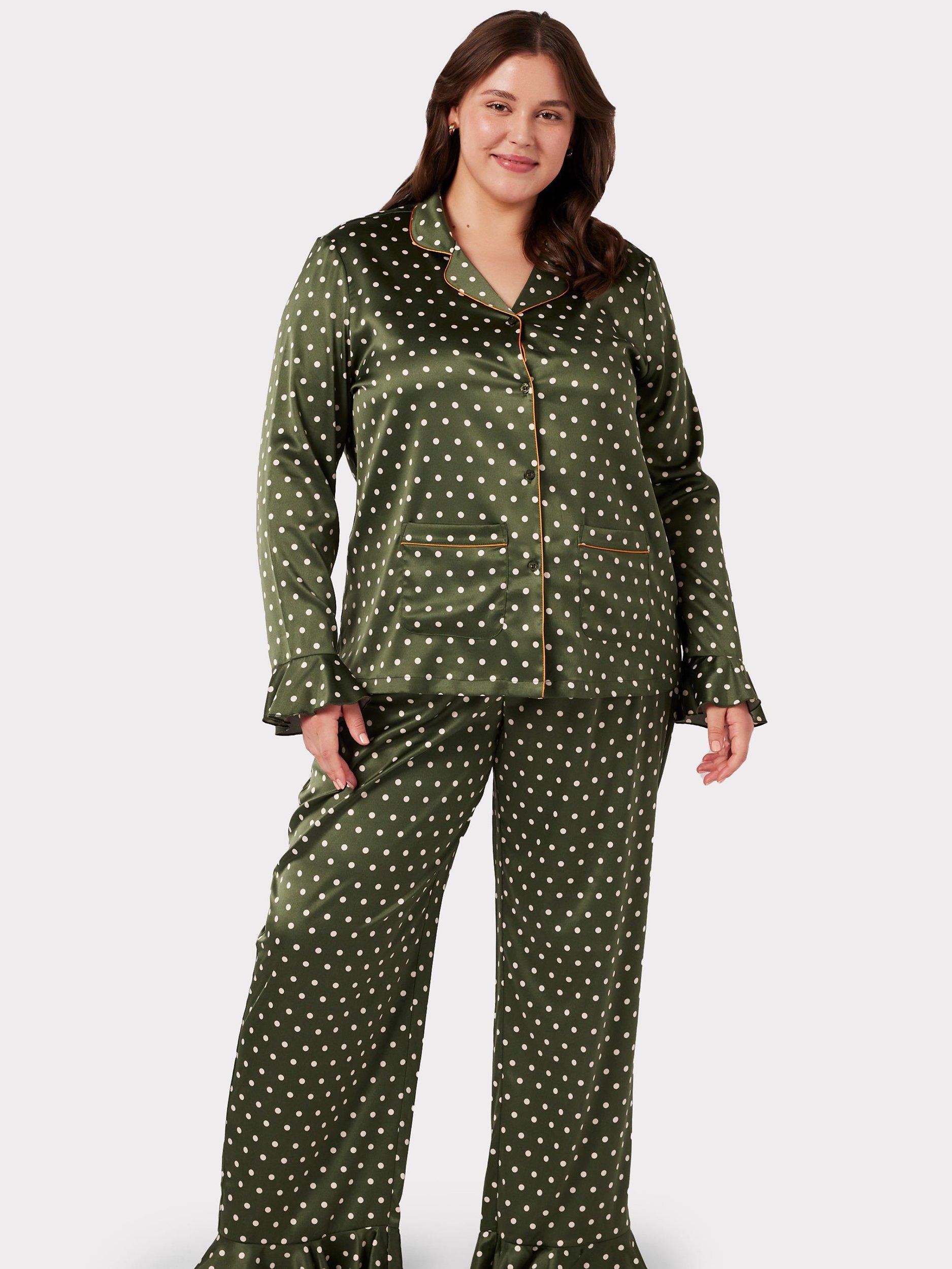 Chelsea Peers Curve Polka Dot Print Long Pyjama Set, Khaki