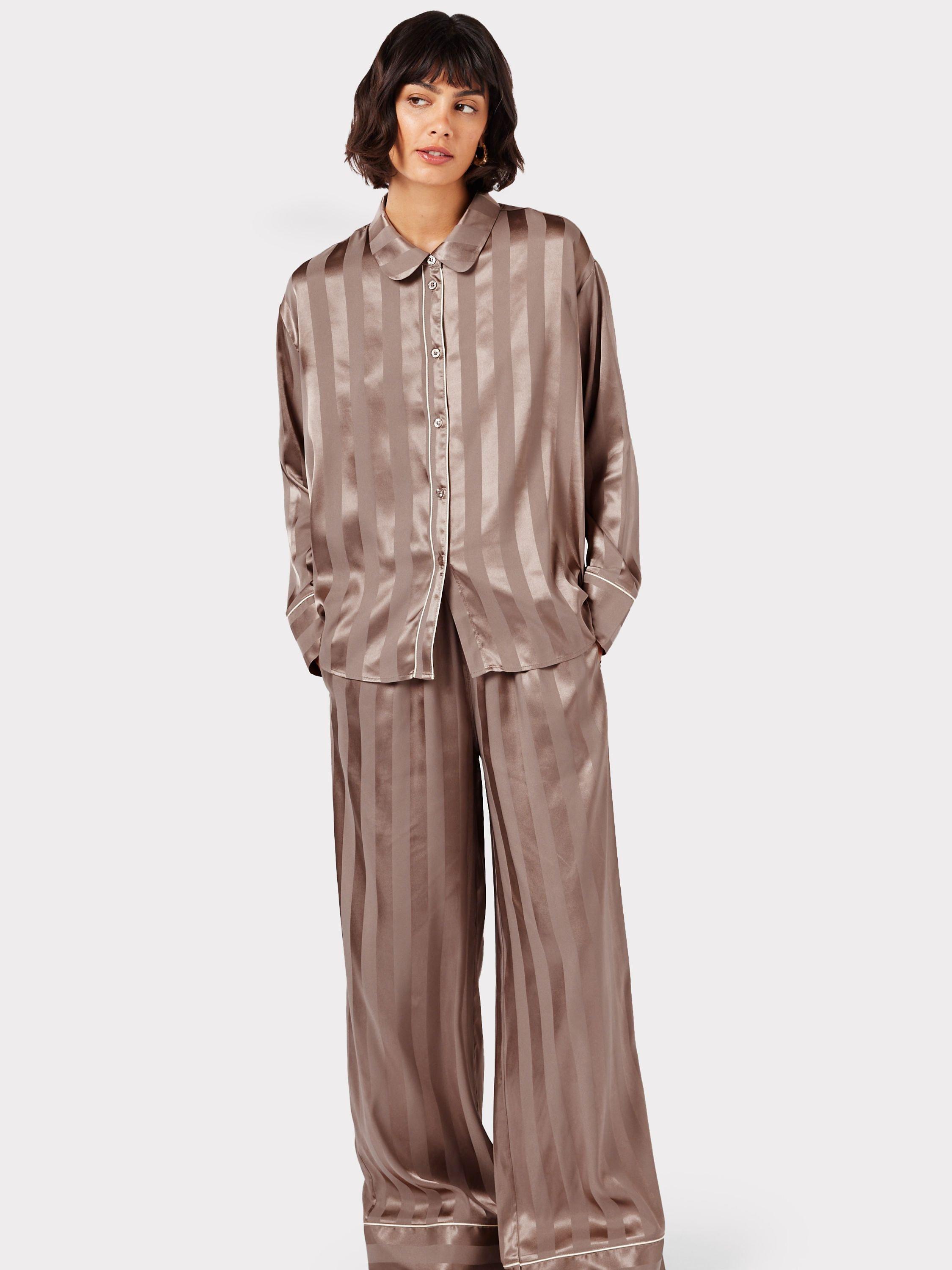 Chelsea Peers Satin Jacquard Stripe Long Pyjama Set, Brown