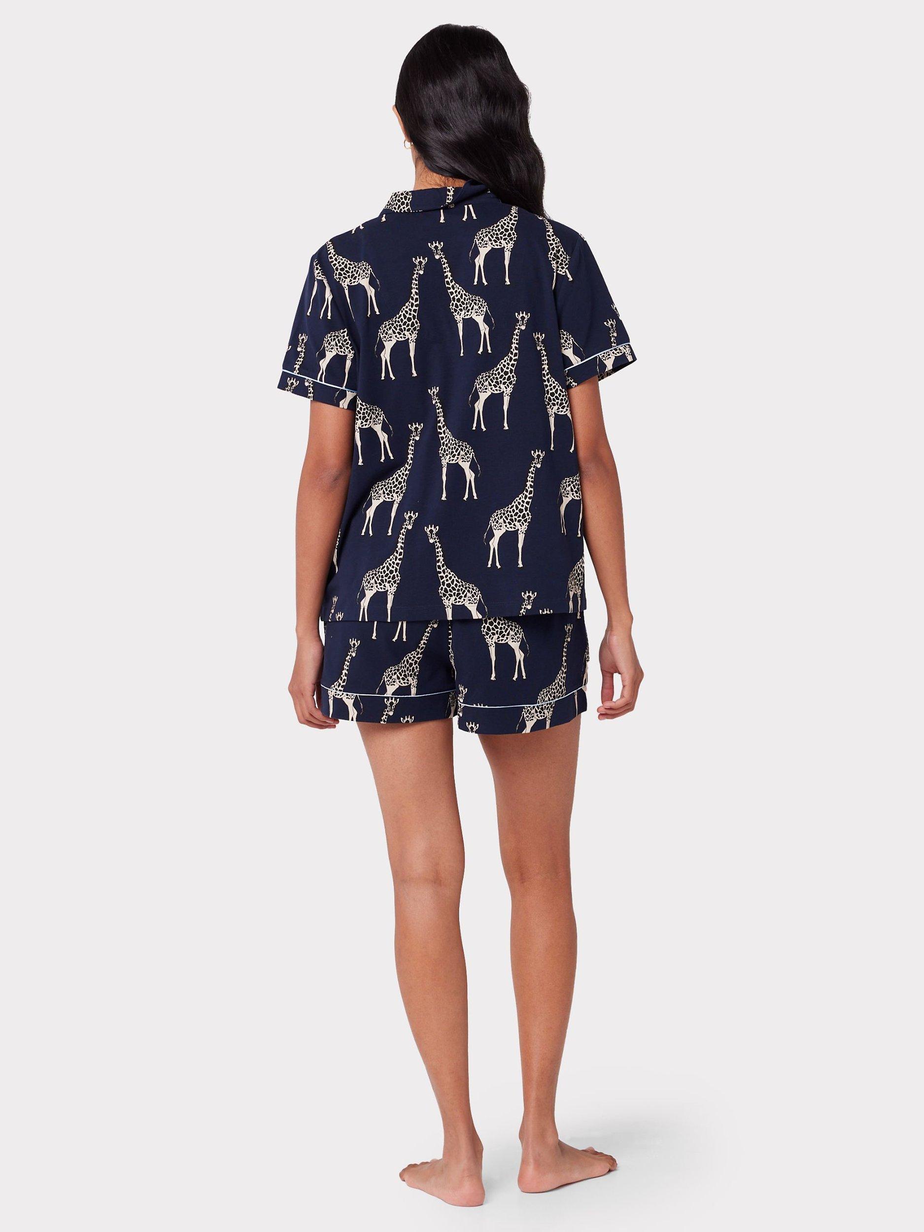 Product image 6 of 6, which shows Chelsea Peers Organic Cotton Blend Giraffe Print Shorts Pyjama Set, Navy, 8