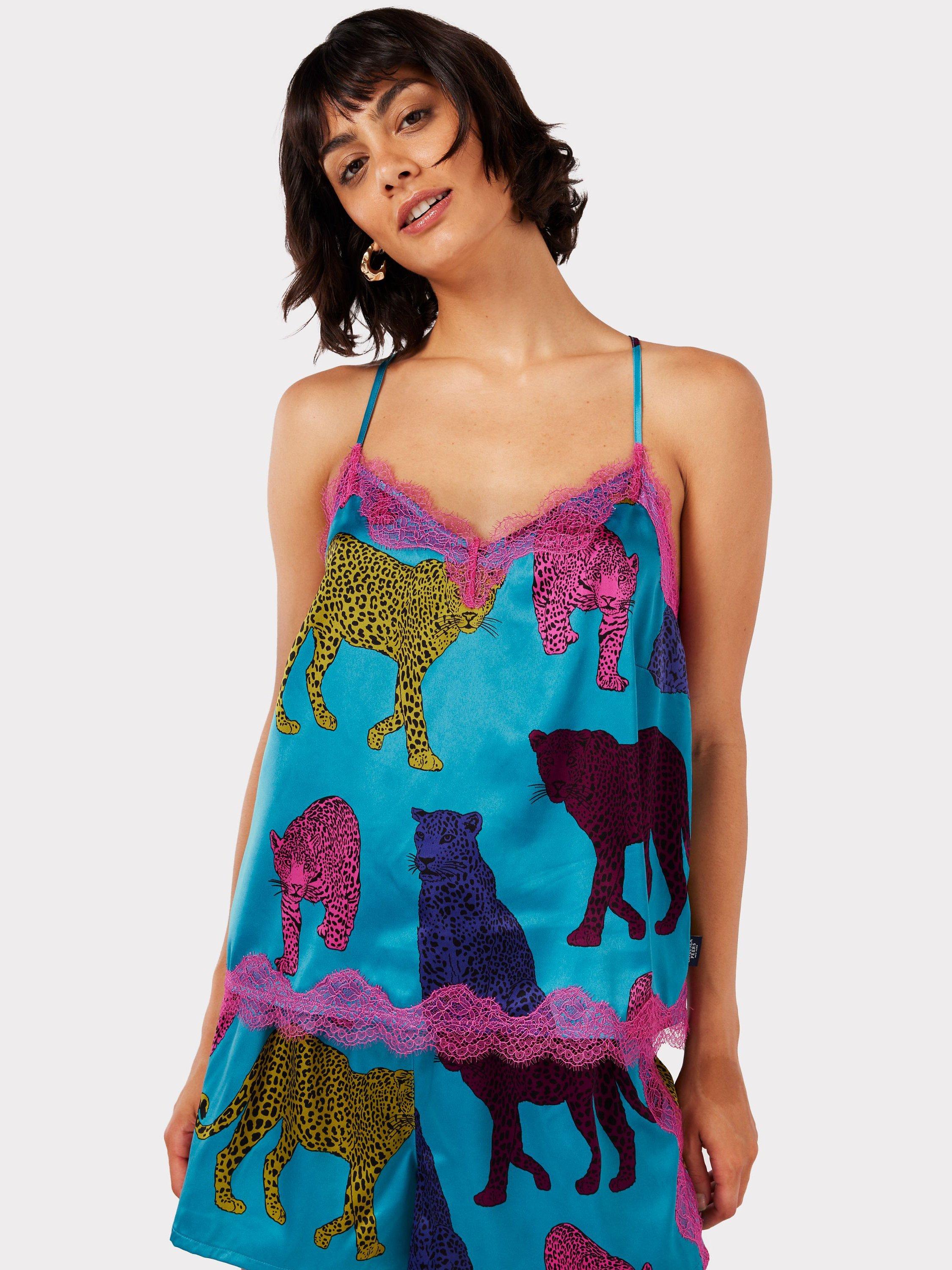 Chelsea Peers Satin Leopard Short Cami Pyjamas, Teal/Multi