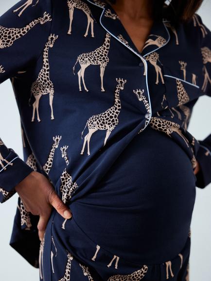 Chelsea Peers Maternity Organic Cotton Blend Giraffe Print Pyjama Set, Navy - view 2, Navy