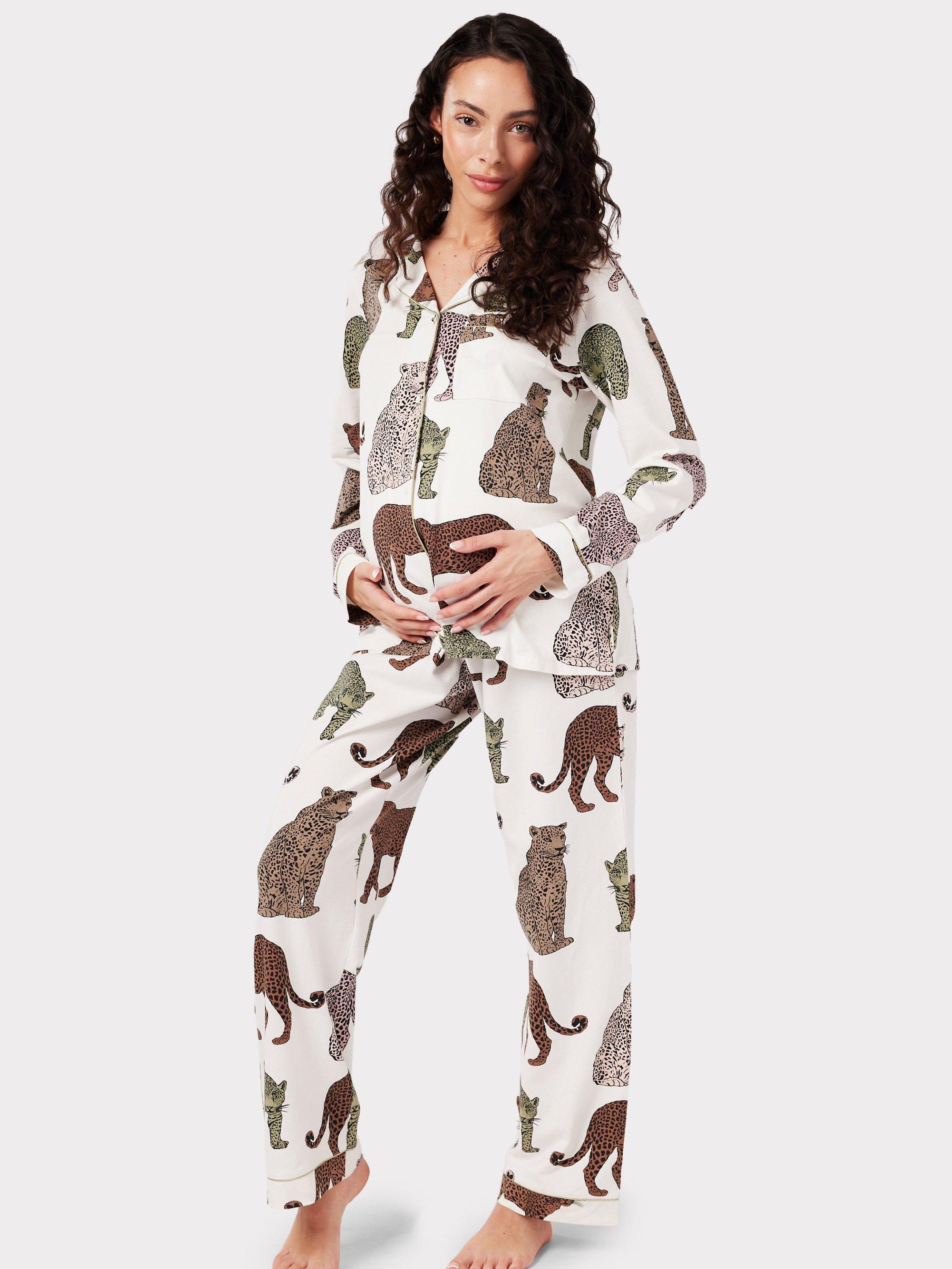 Chelsea Peers Maternity Organic Cotton Blend Leopard Print Long Pyjama Set, Off White/Multi