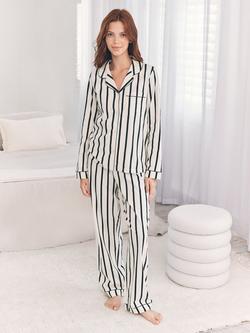 Chelsea Peers Organic Cotton Striped Long Pyjamas, Cream/Navy, Cream/Navy