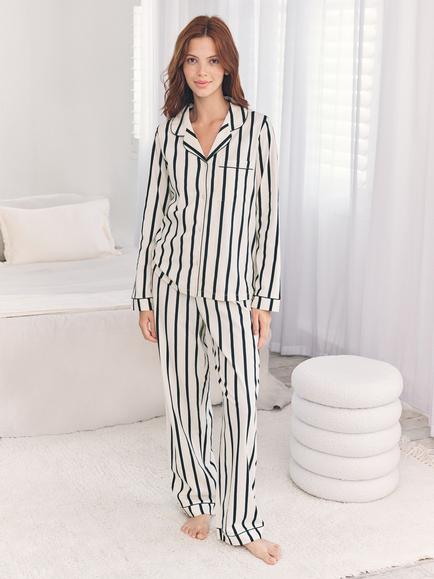Chelsea Peers Organic Cotton Striped Long Pyjamas, Cream/Navy, Cream/Navy