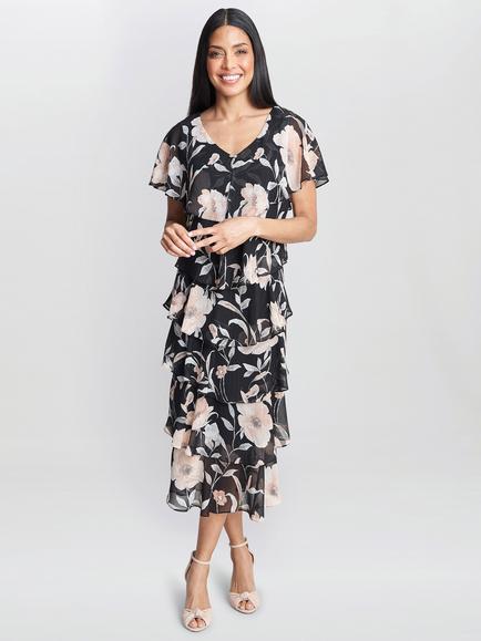 Gina Bacconi Frances Printed Midi Tiered Dress With Trim, Black/Multi, Black/Multi