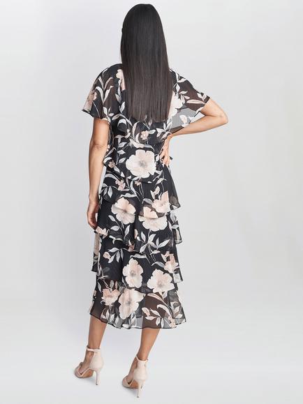 Gina Bacconi Frances Printed Midi Tiered Dress With Trim, Black/Multi - view 2, Black/Multi