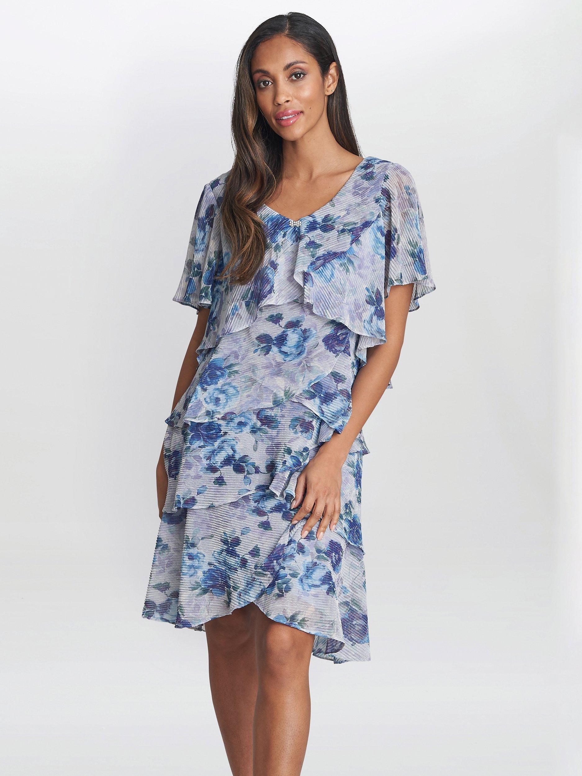 Gina Bacconi Bridget Printed Tiered Dress With Trim, Perri