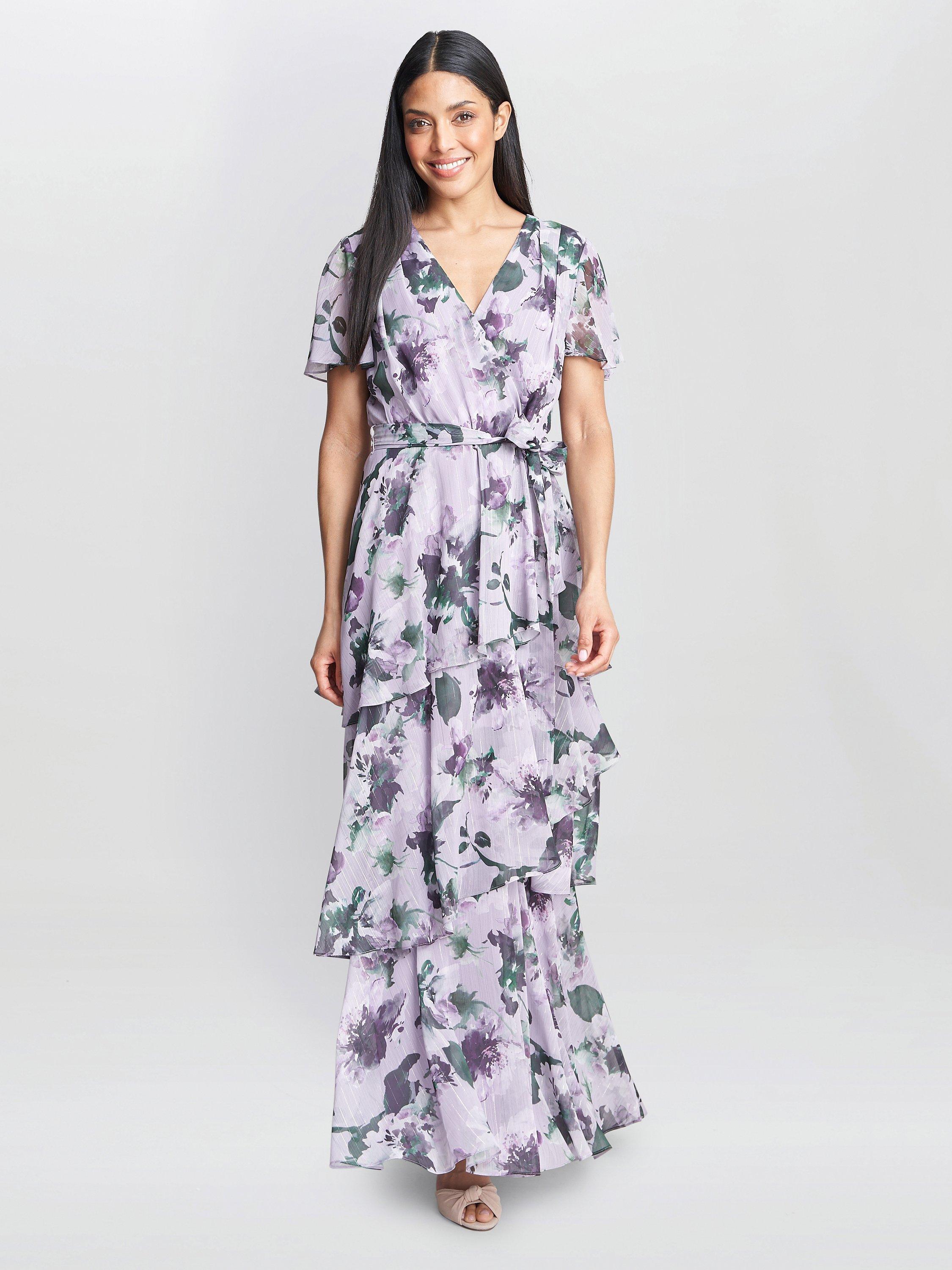 Gina Bacconi Ruby Floral Tiered Maxi Dress, Mauve, 10