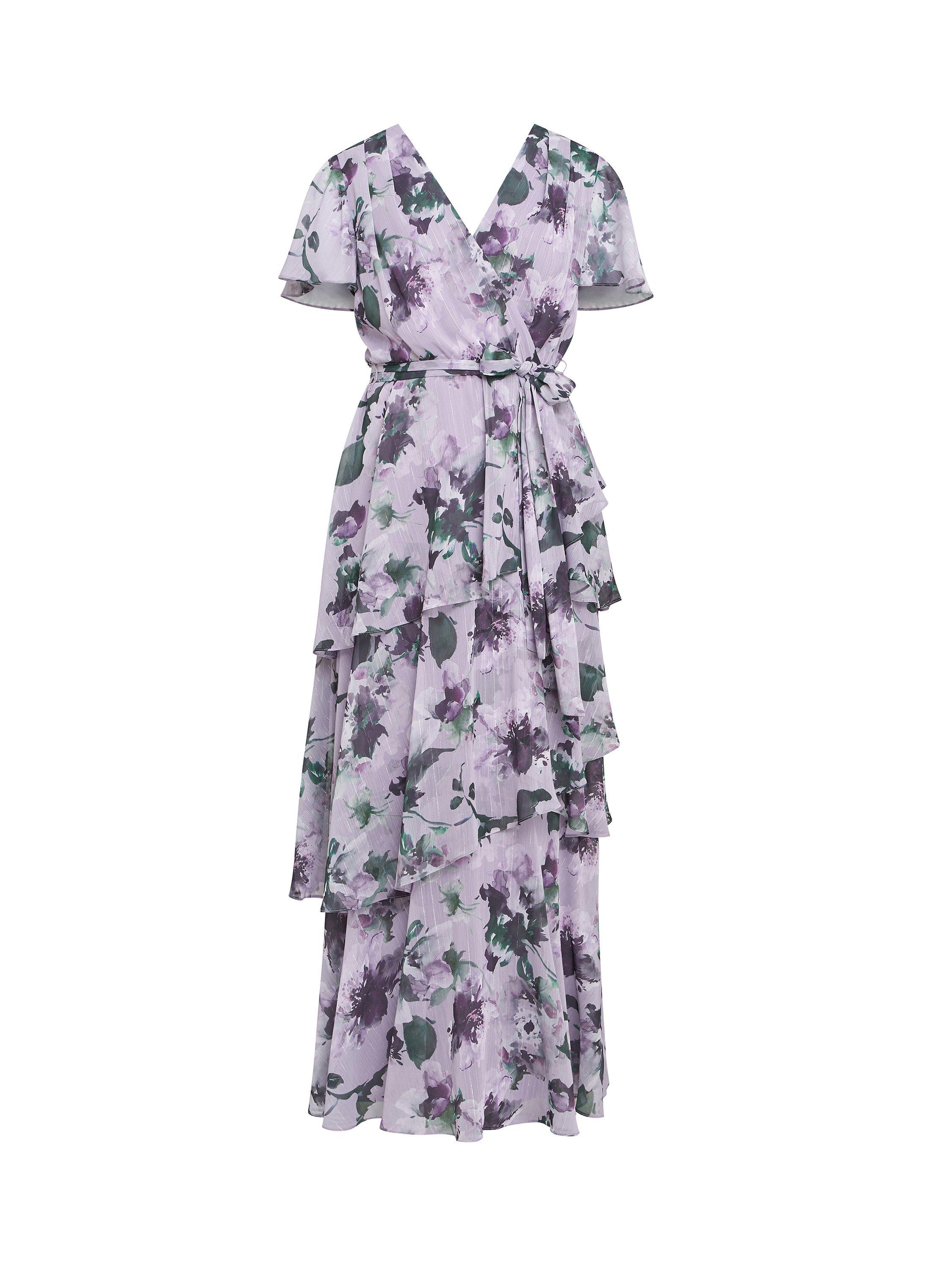 Gina Bacconi Ruby Floral Tiered Maxi Dress, Mauve, 10