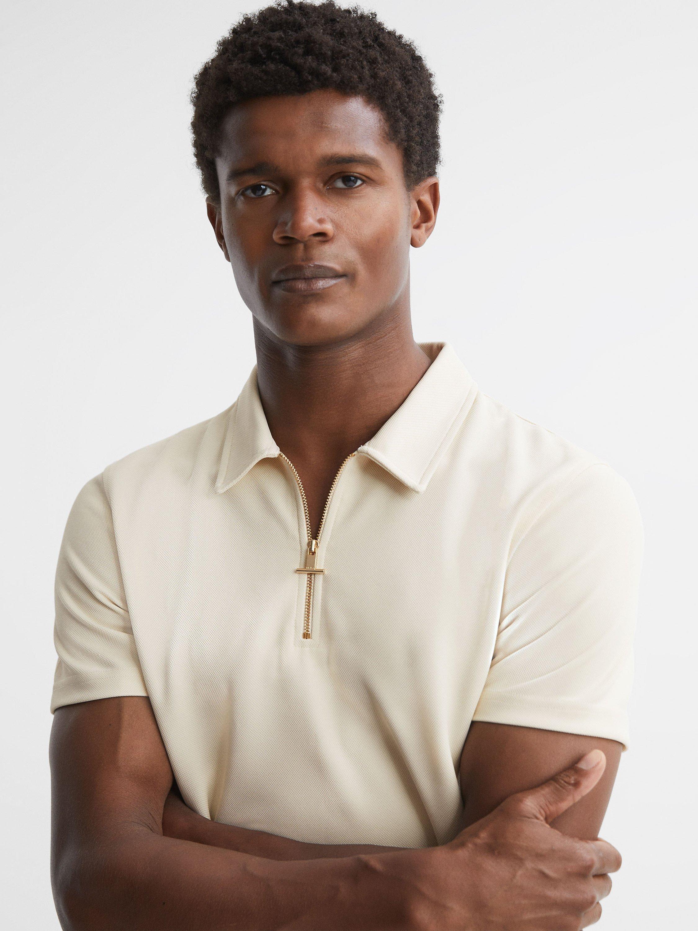 Reiss Floyd Short Sleeve Half Zip Textured Polo Shirt, Ecru