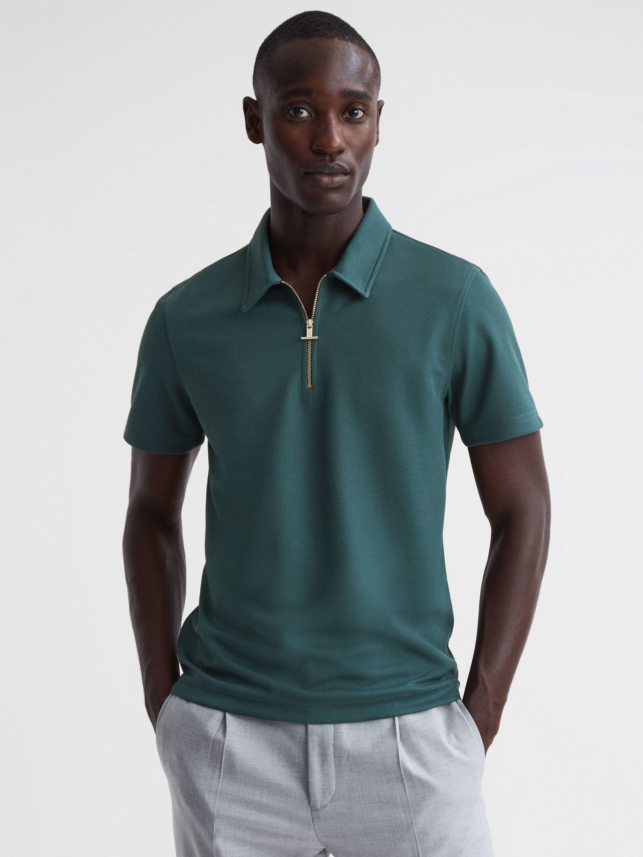 Reiss Floyd Half Zip Textured Polo Shirt, Emerald