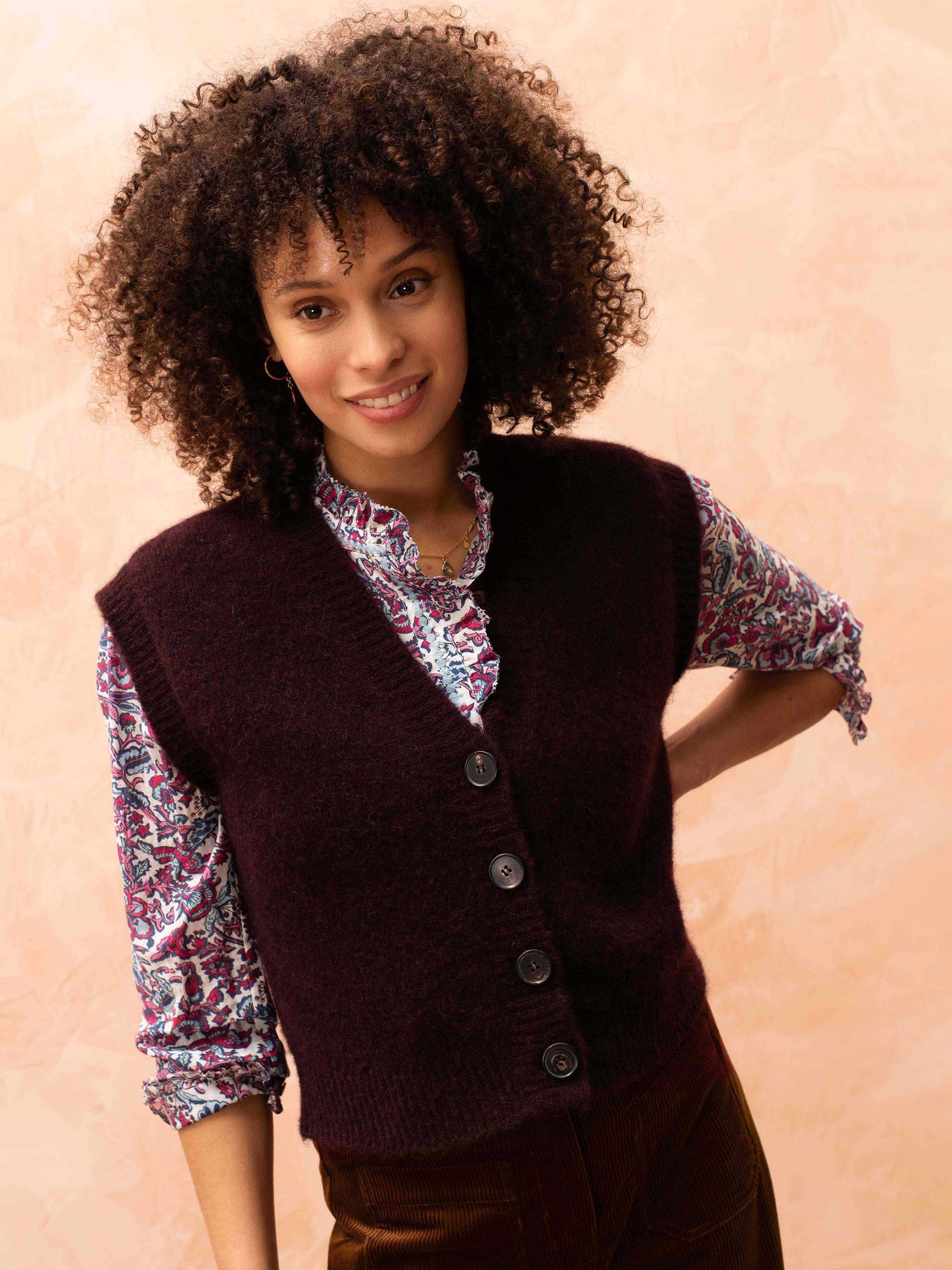 Brora Plain Sleeveless Cardigan, Bordeaux, 8-10
